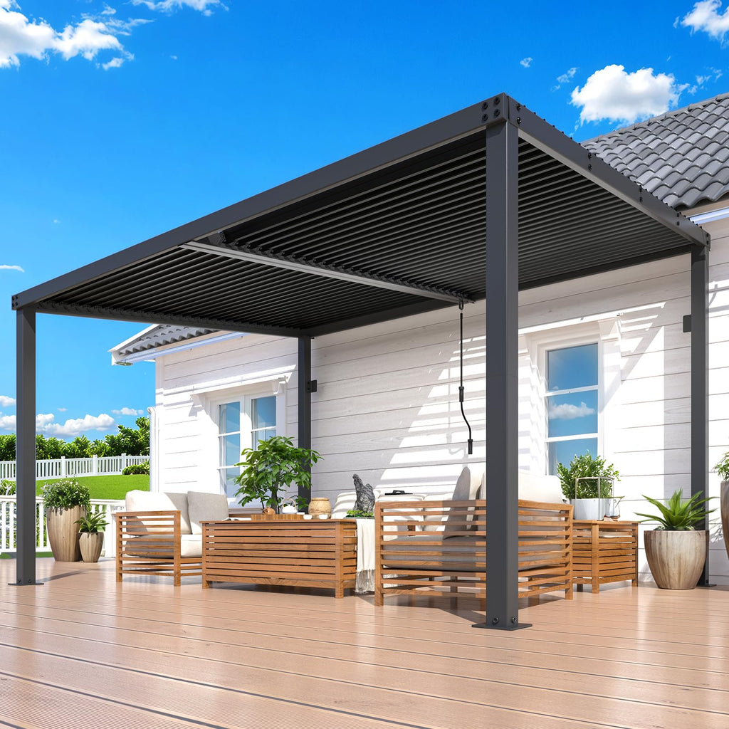 NetSo Louvered Gazebo Pergola 13' x 10' Hardtop - Outdoor Wall-Mounted Shade Solution