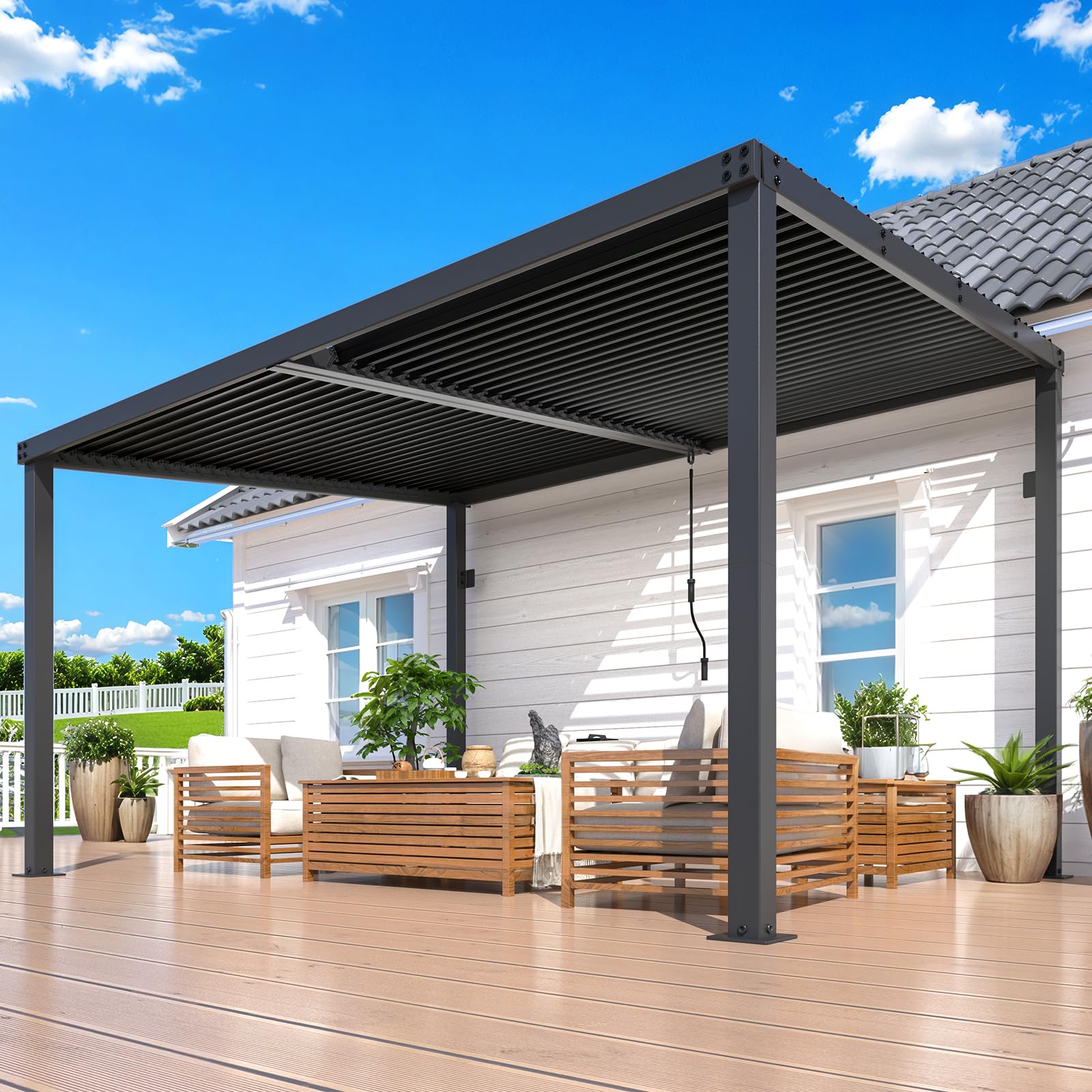 NetSo Louvered Gazebo Pergola 13' x 10' Hardtop - Outdoor Wall-Mounted Shade Solution