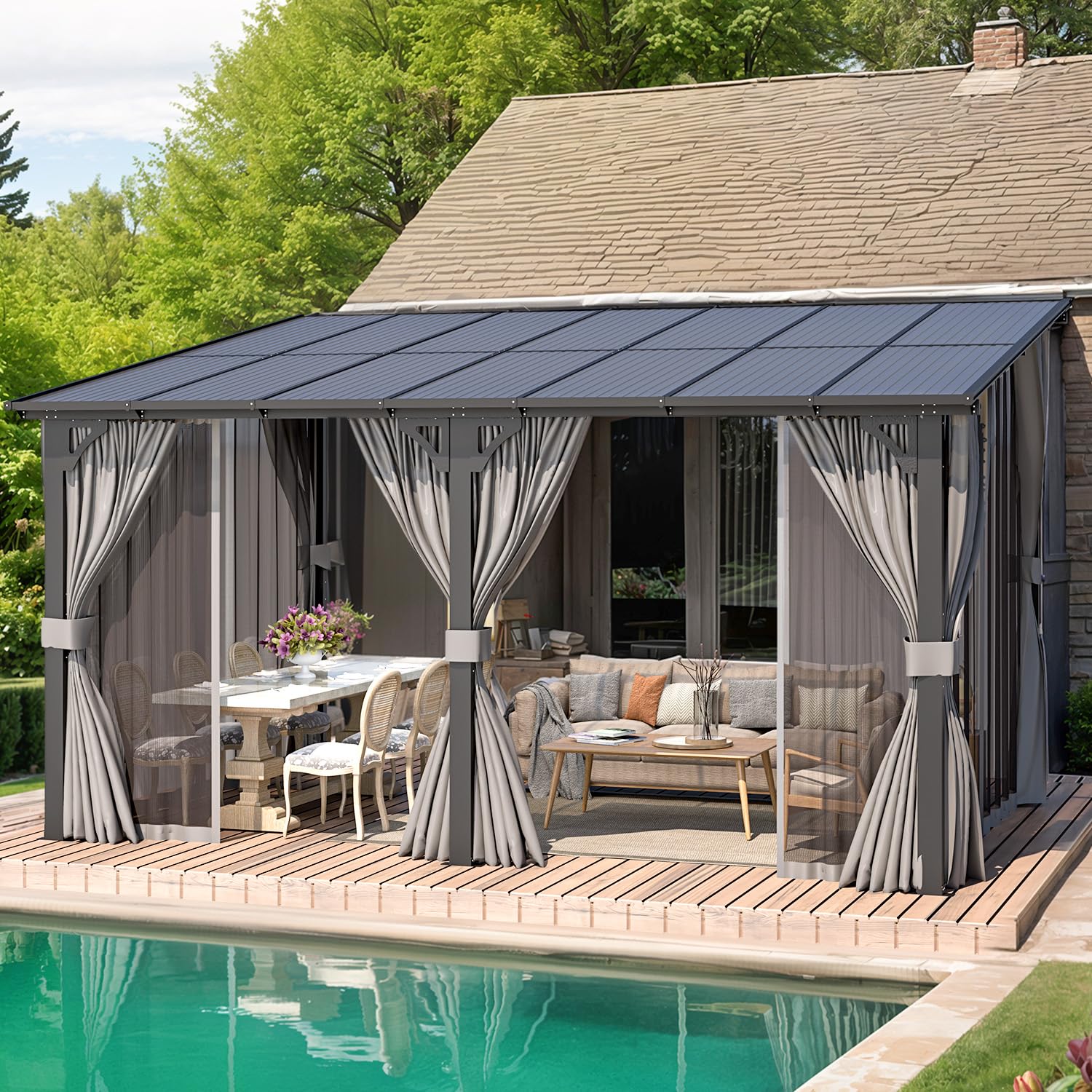 NetSo Wall Gazebo 14'x10' Gray with Curtains and Mosquito Netting - Outdoor Shade and Protection