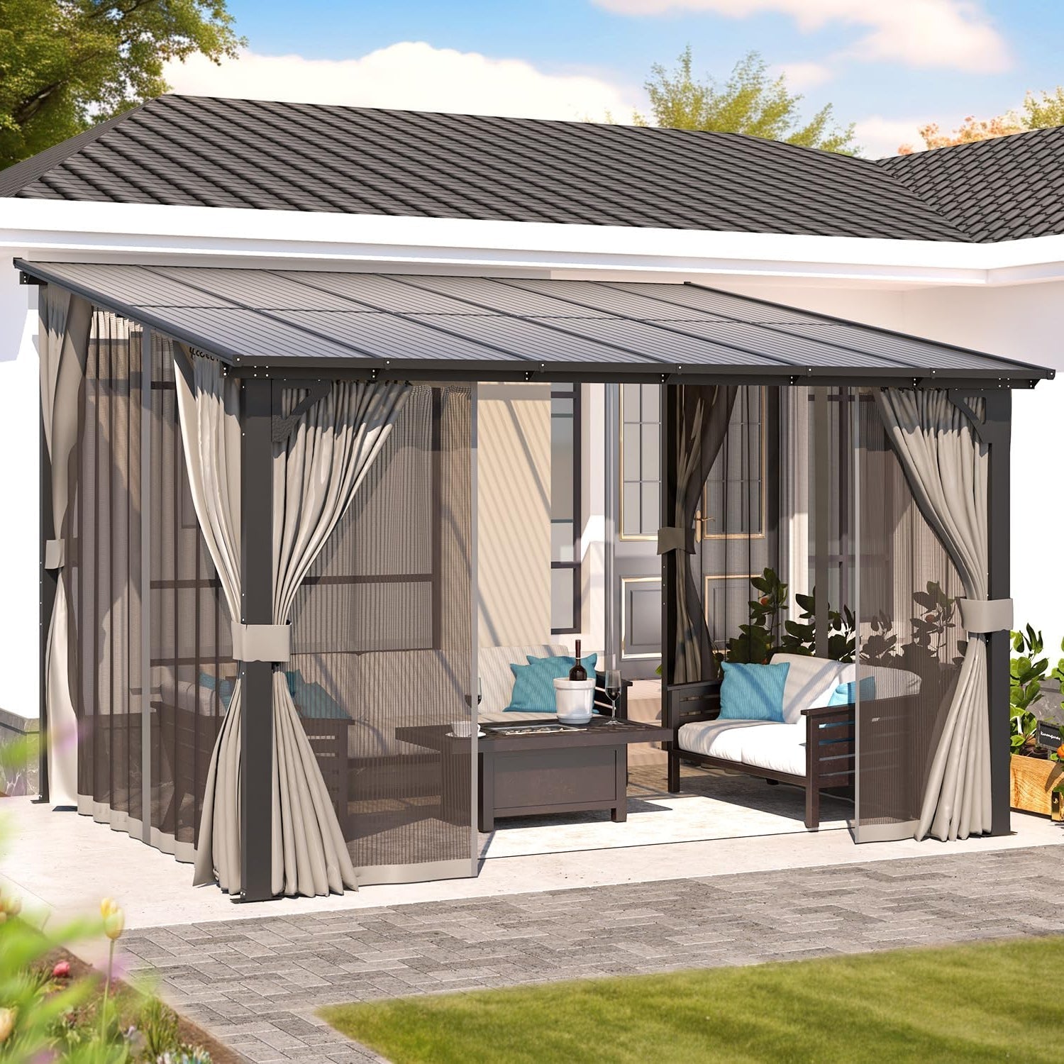 NetSo Wall Gazebo 12'x10' Gray with Curtains and Mosquito Netting - Outdoor Protection