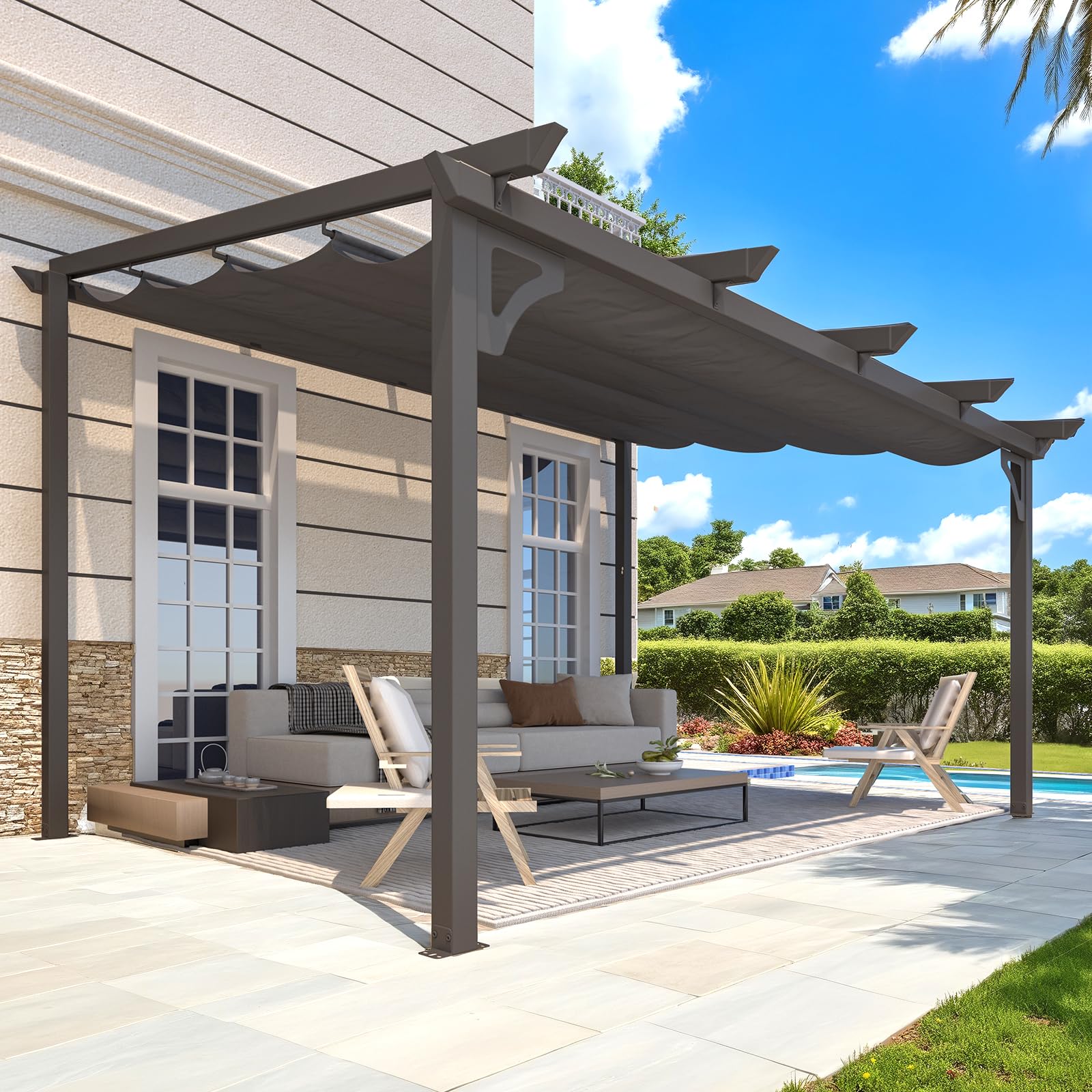 NetSo Gazebo 14' x 10' Retractable Pergola with Adjustable Sun Shade Canopy Roof - Ideal for Patio Enjoyment