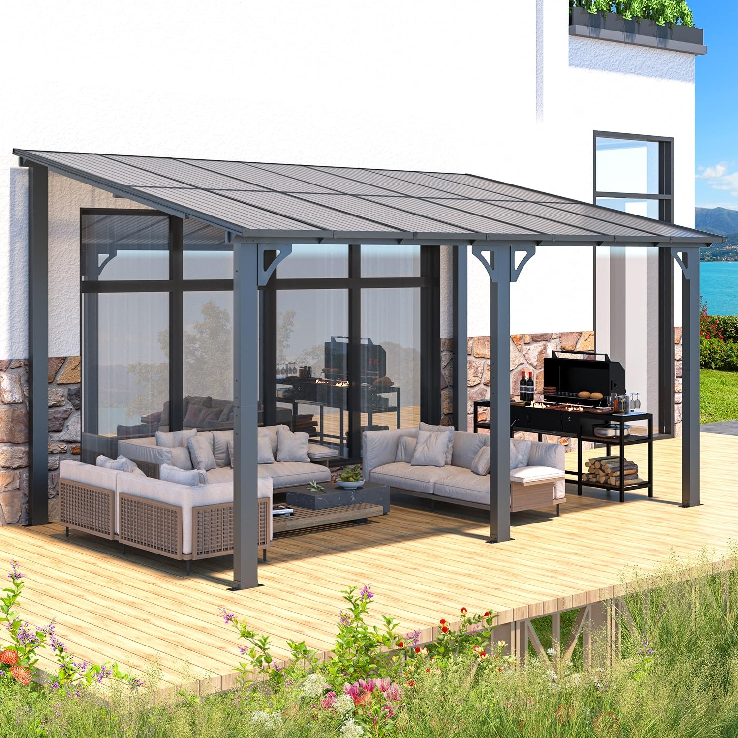 NetSo Wall Mounted Gazebo Pergola 14'x8' Dark - Durable Outdoor Shade Solution