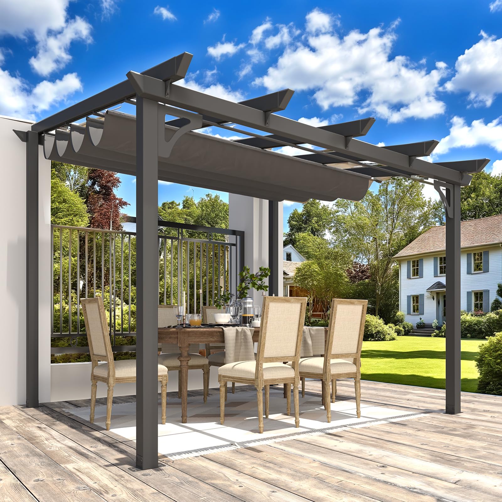 NetSo Gazebo 10' x 8' Retractable Pergola with Adjustable Sun Shade Canopy Roof - Perfect for Patio Relaxation
