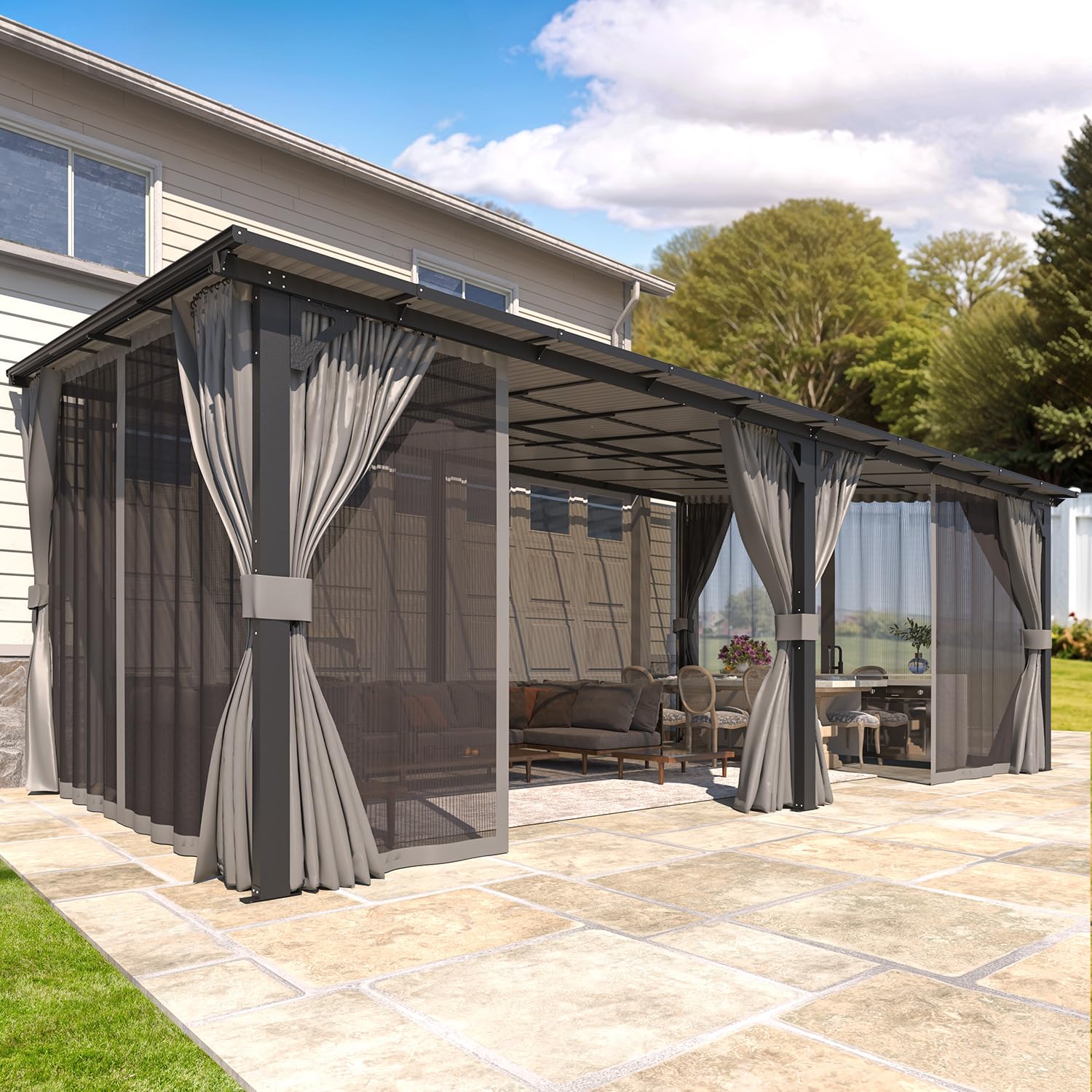 NetSo Wall Gazebo 20'x12' Gray with Curtains and Mosquito Netting - Outdoor Shade Solution