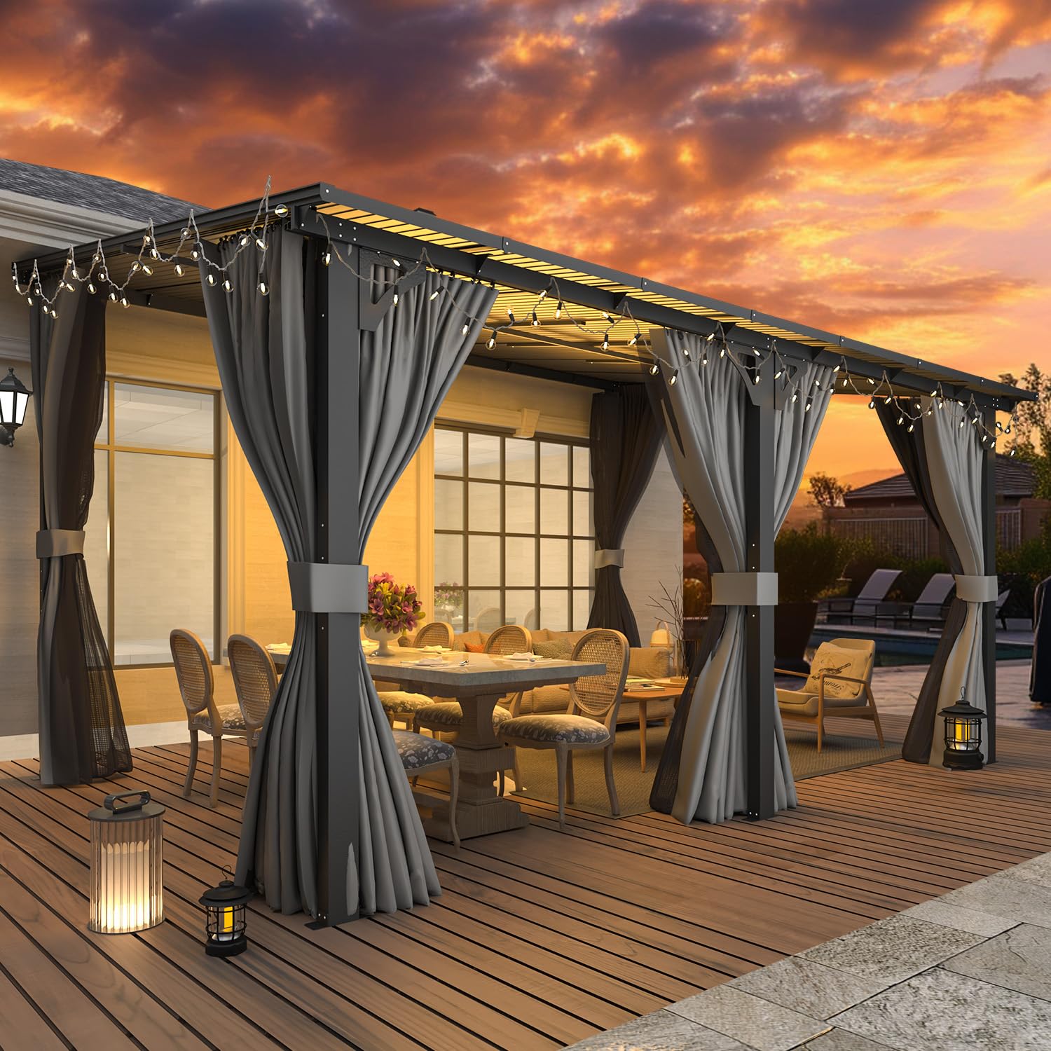 NetSo Wall Gazebo 14'x10' Gray with Curtains and Mosquito Netting - Outdoor Shade and Protection