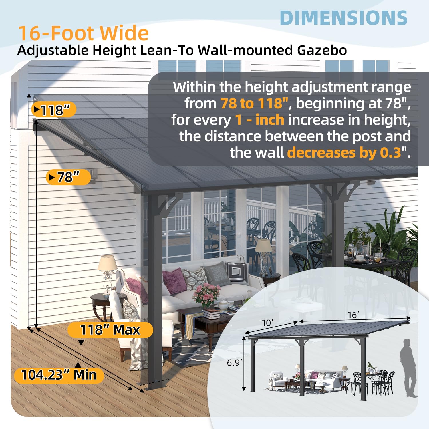 NetSo 16'x10' Adjustable Height Wall Mounted Outdoor Gazebo - Versatile Garden Canopy