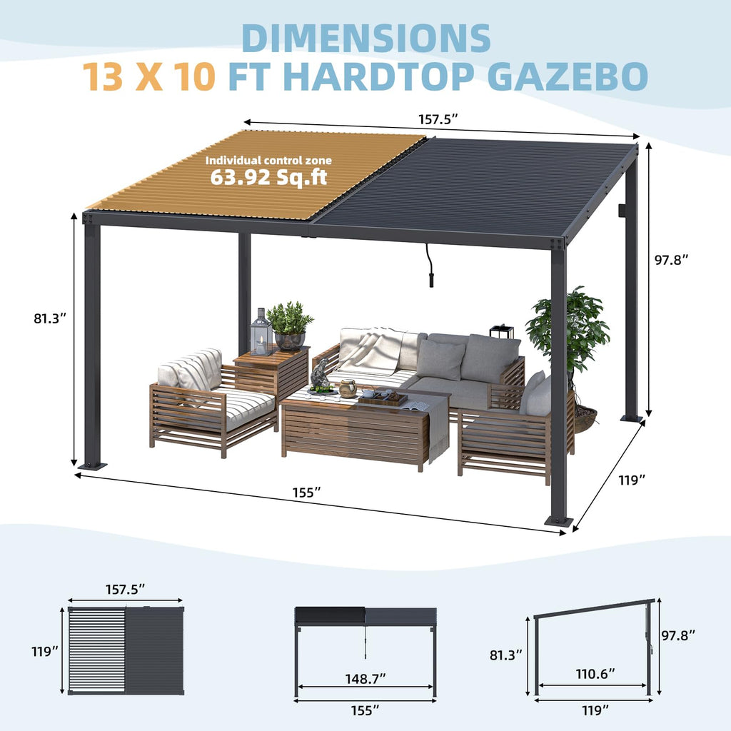 NetSo Louvered Gazebo Pergola 13' x 10' Hardtop - Outdoor Wall-Mounted Shade Solution