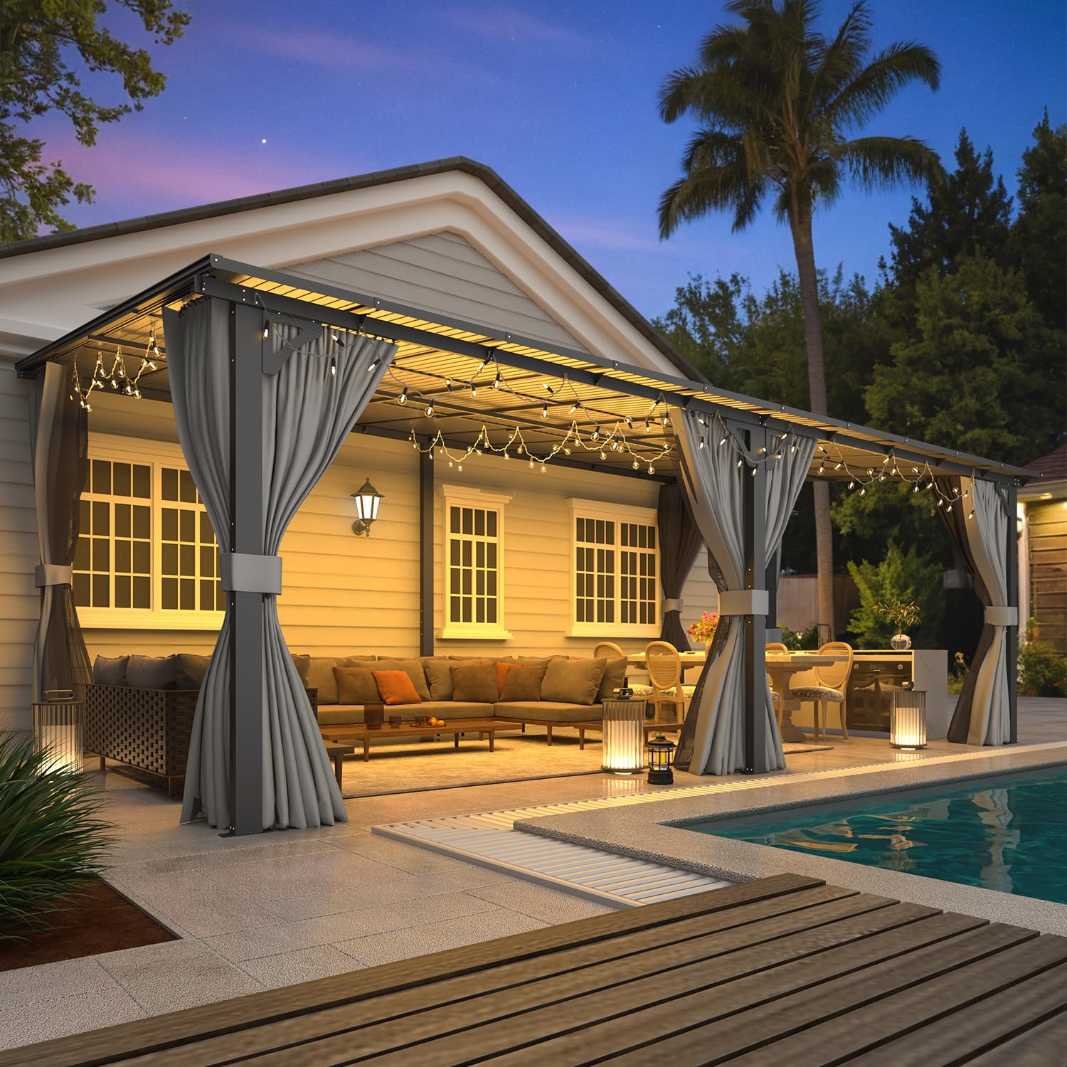 NetSo Wall Gazebo 20'x12' Gray with Curtains and Mosquito Netting - Outdoor Shade Solution