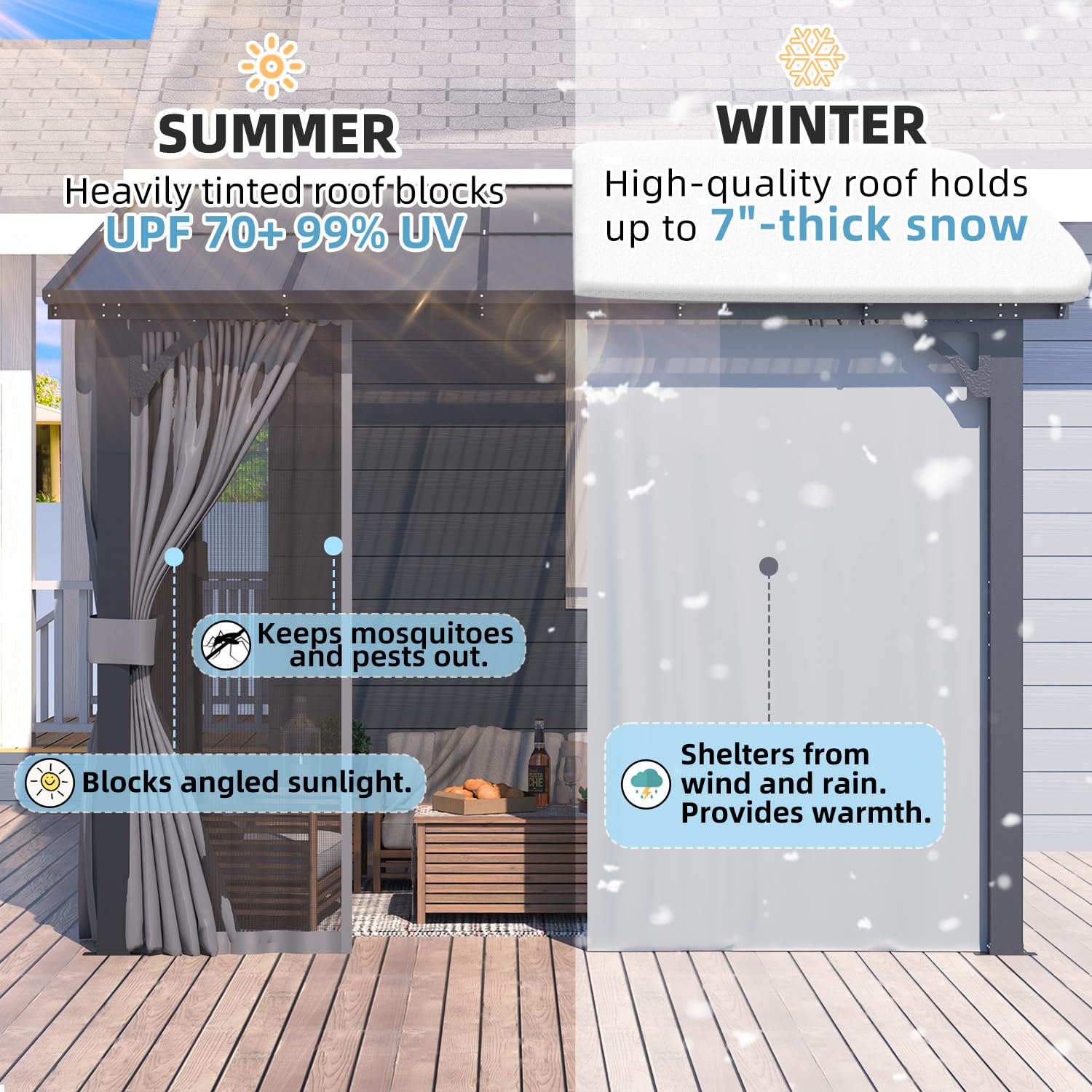 NetSo Wall Gazebo 10'x8' Gray with Curtains and Mosquito Netting - Outdoor Comfort