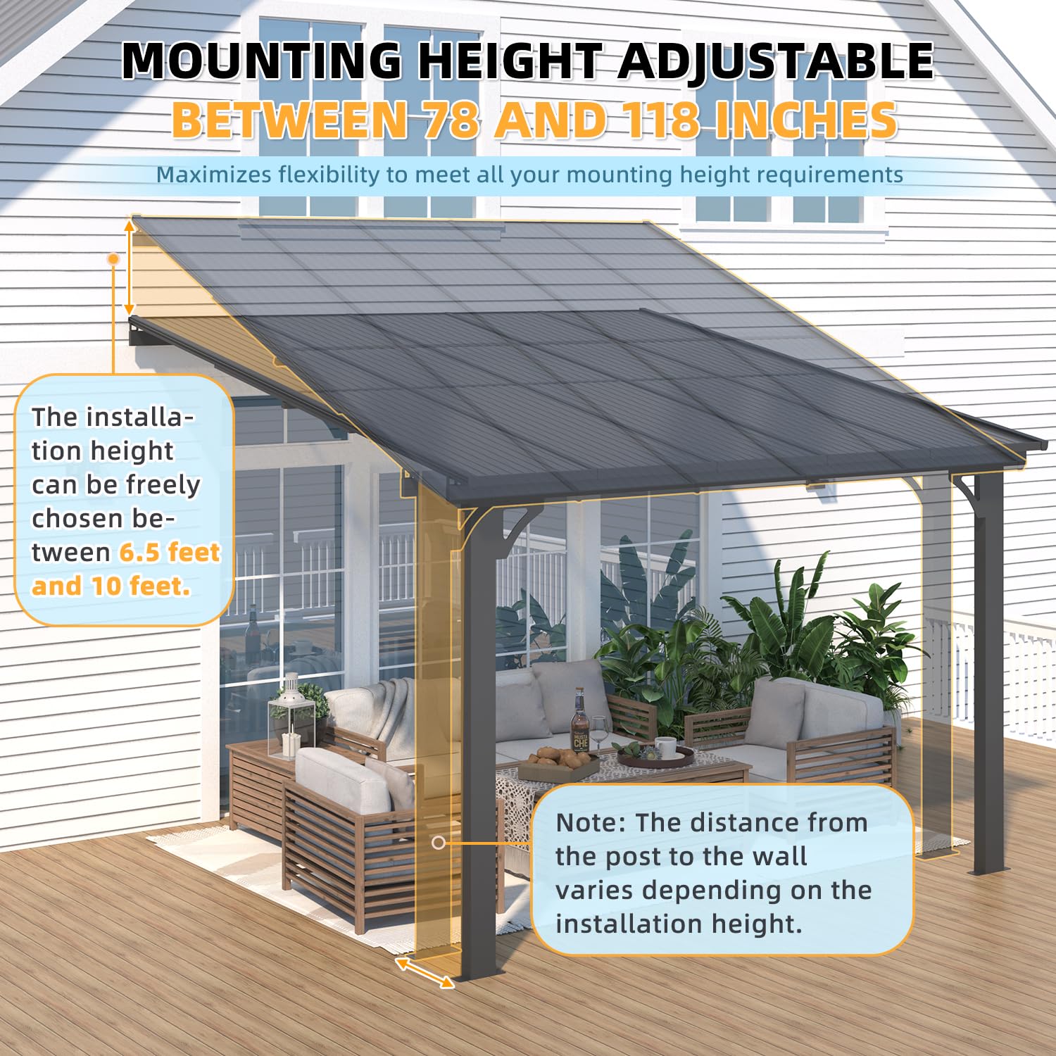 NetSo Adjustable Height Outdoor Gazebo 10x10 - Sturdy Wall Mounted Pergola for Versatile Shade