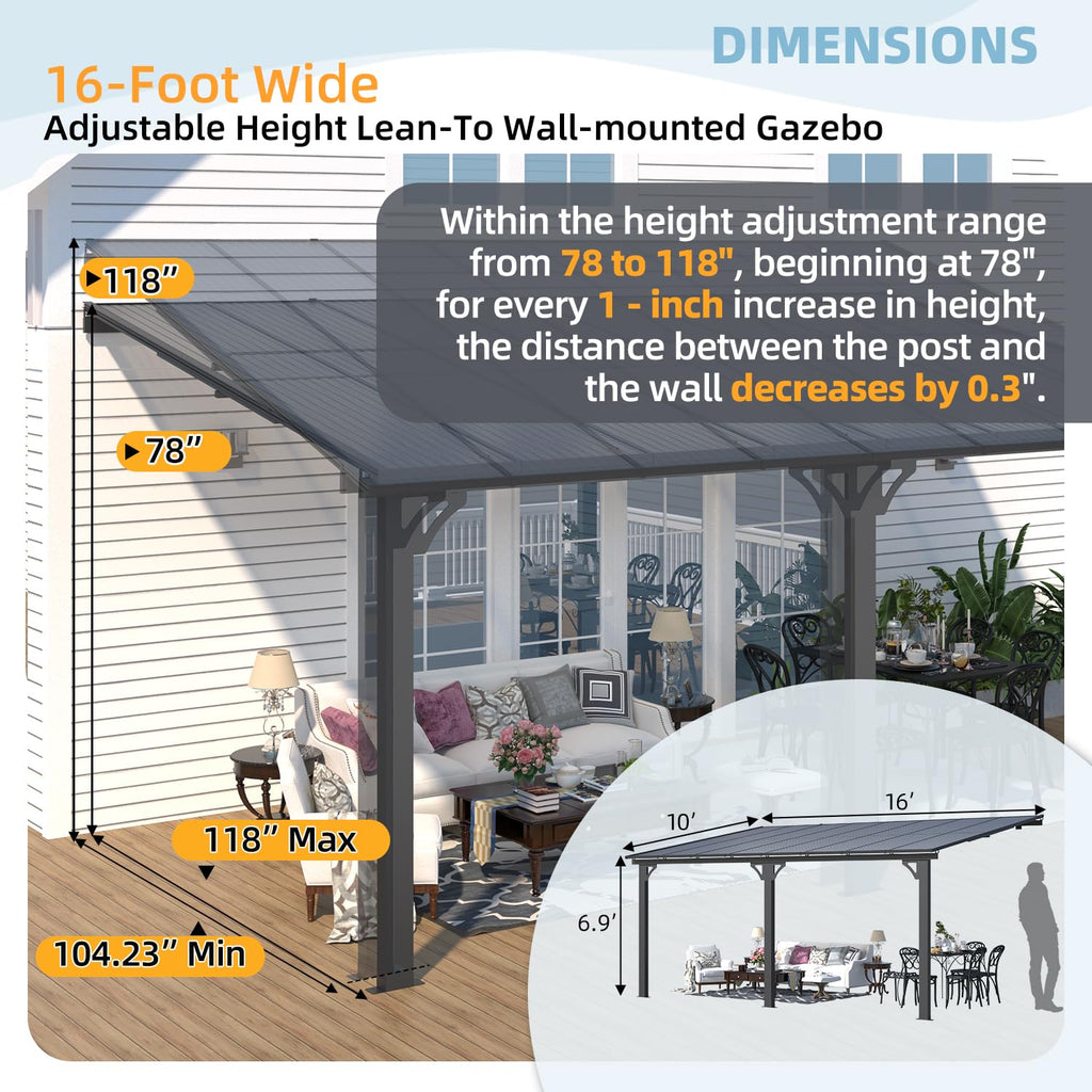 AECOJOY 16'x10' Adjustable Height Wall Mounted Outdoor Gazebos Pergola