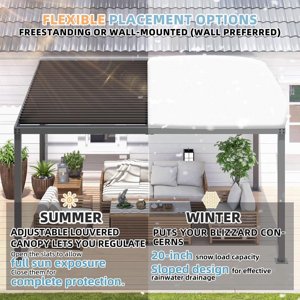 NetSo Louvered Gazebo Pergola 13' x 10' Hardtop - Outdoor Wall-Mounted Shade Solution