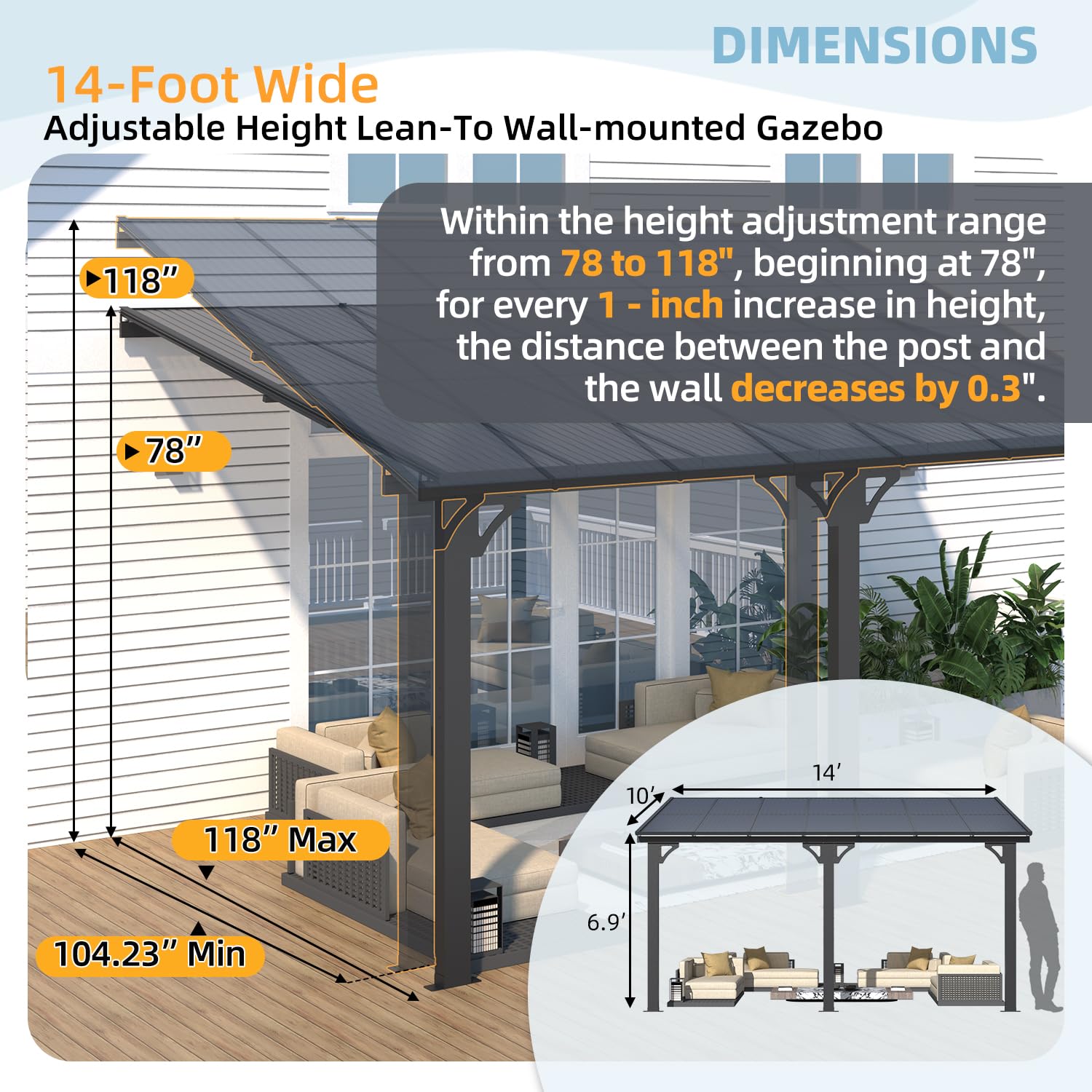 NetSo Adjustable Height Wall Mounted Outdoor Gazebo 14'x10' - Durable and Stylish Shelter
