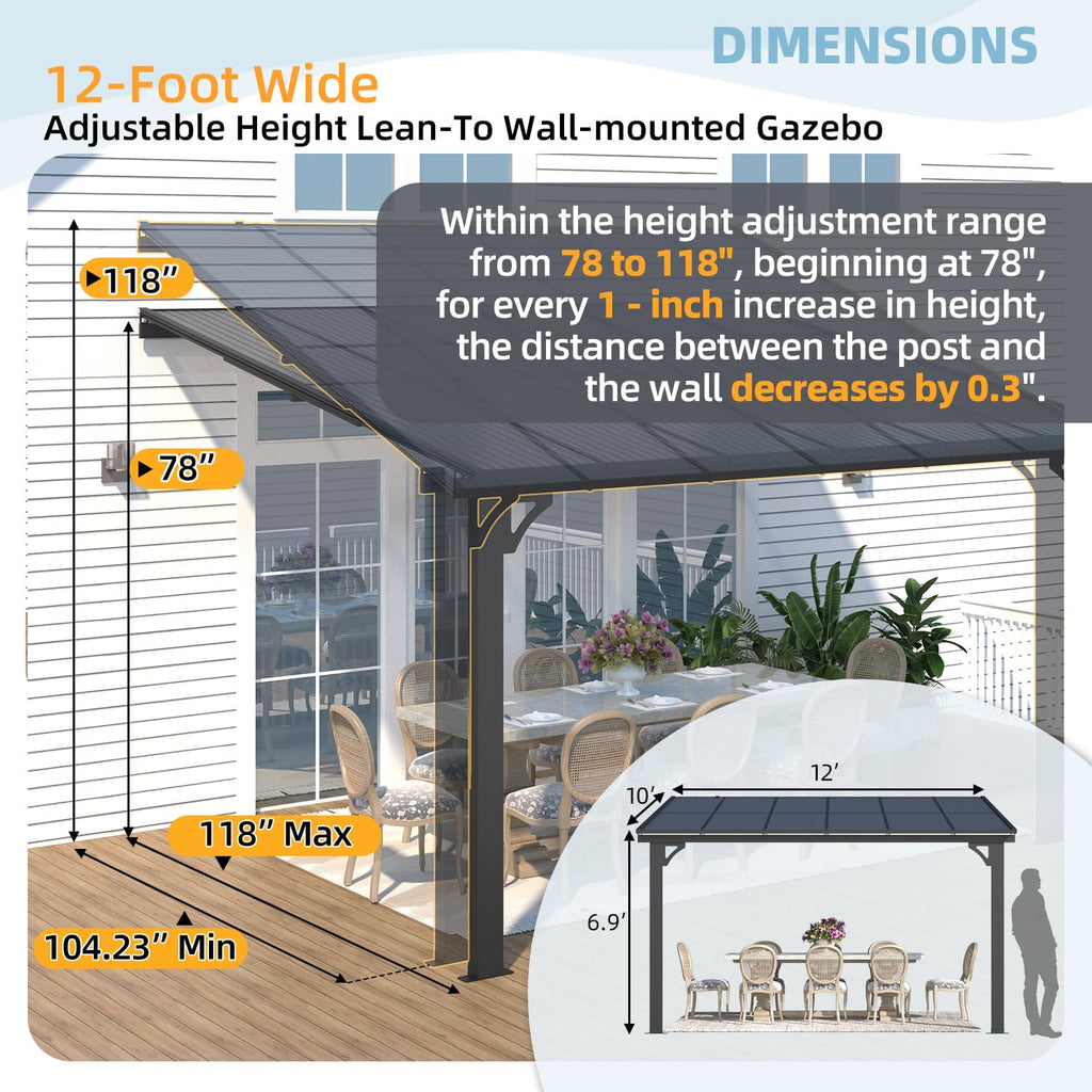 NetSo Adjustable Height Wall Mounted Outdoor Gazebo 12'x10' - Durable and Versatile Shelter