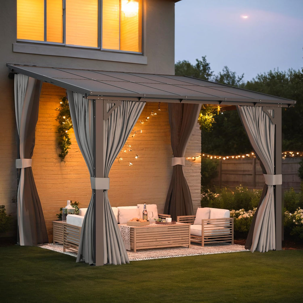 NetSo Wall Gazebo 10'x8' Gray with Curtains and Mosquito Netting - Outdoor Comfort