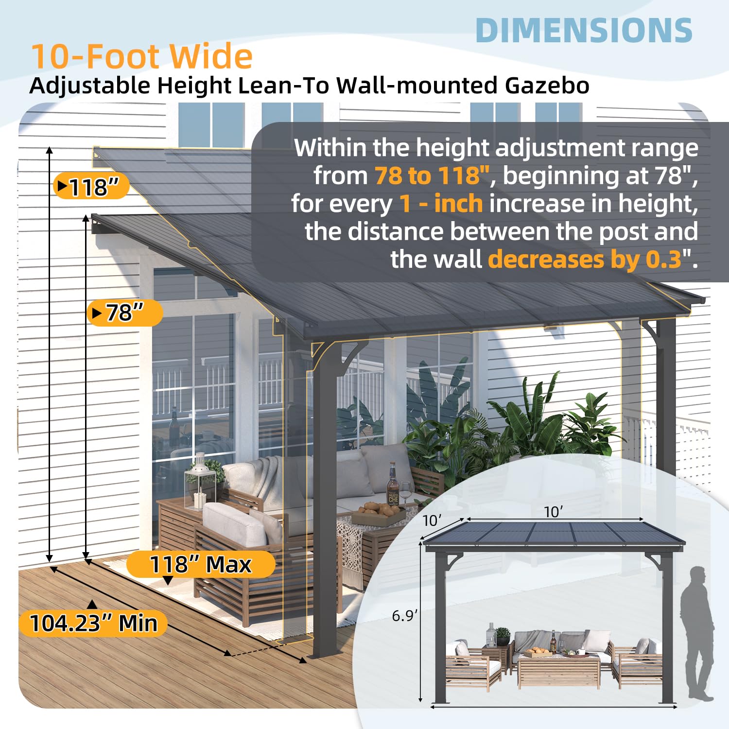NetSo Adjustable Height Outdoor Gazebo 10x10 - Sturdy Wall Mounted Pergola for Versatile Shade