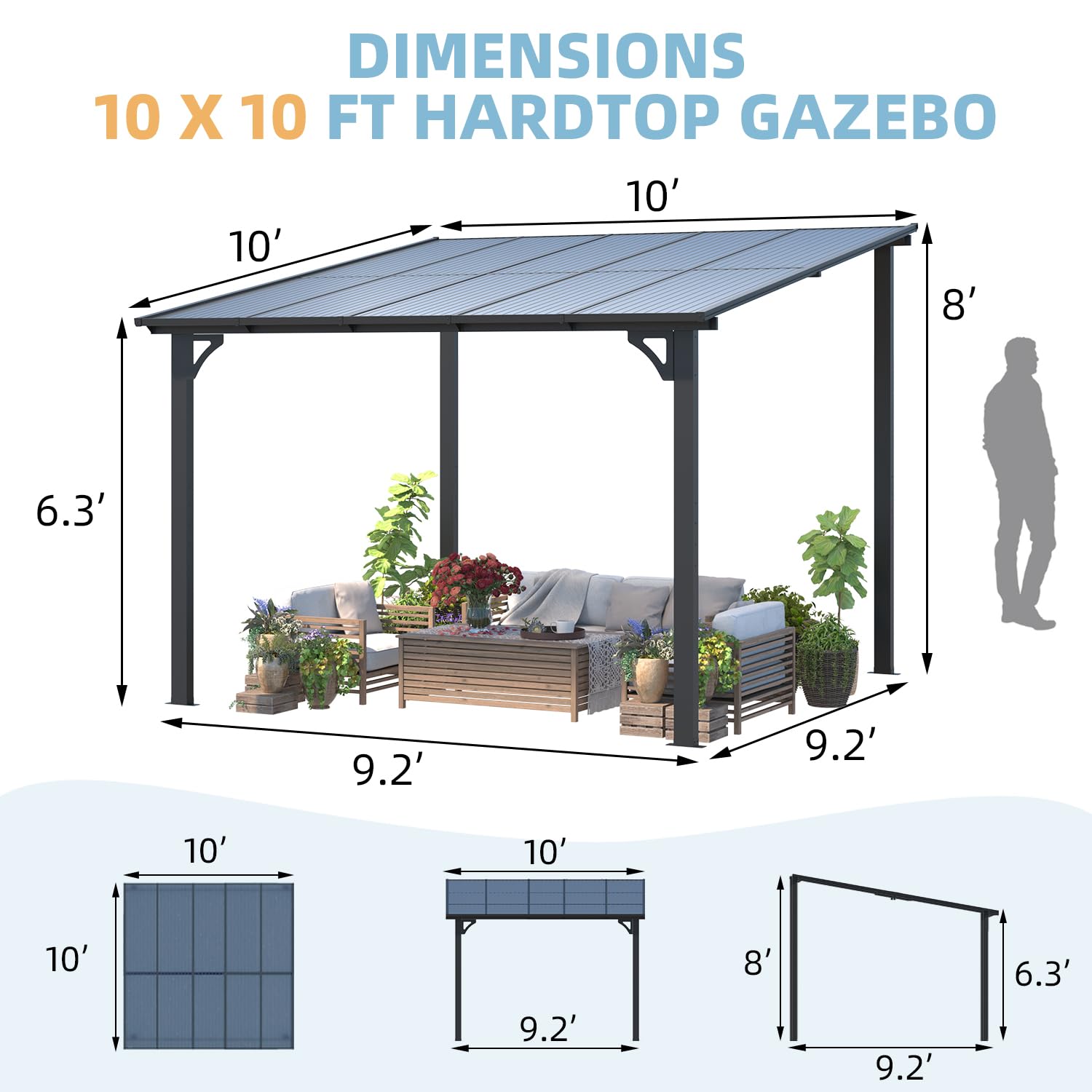 NetSo Wall Mounted Gazebo Pergola 10'x10' Dark - Stylish Outdoor Shade Solution