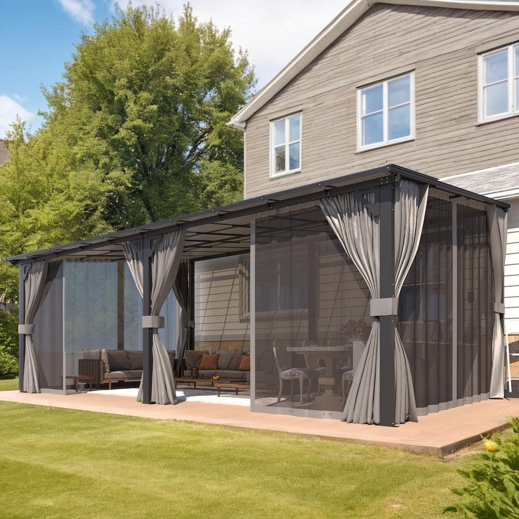 NetSo Wall Gazebo 20'x12' Gray with Curtains and Mosquito Netting - Outdoor Shade Solution