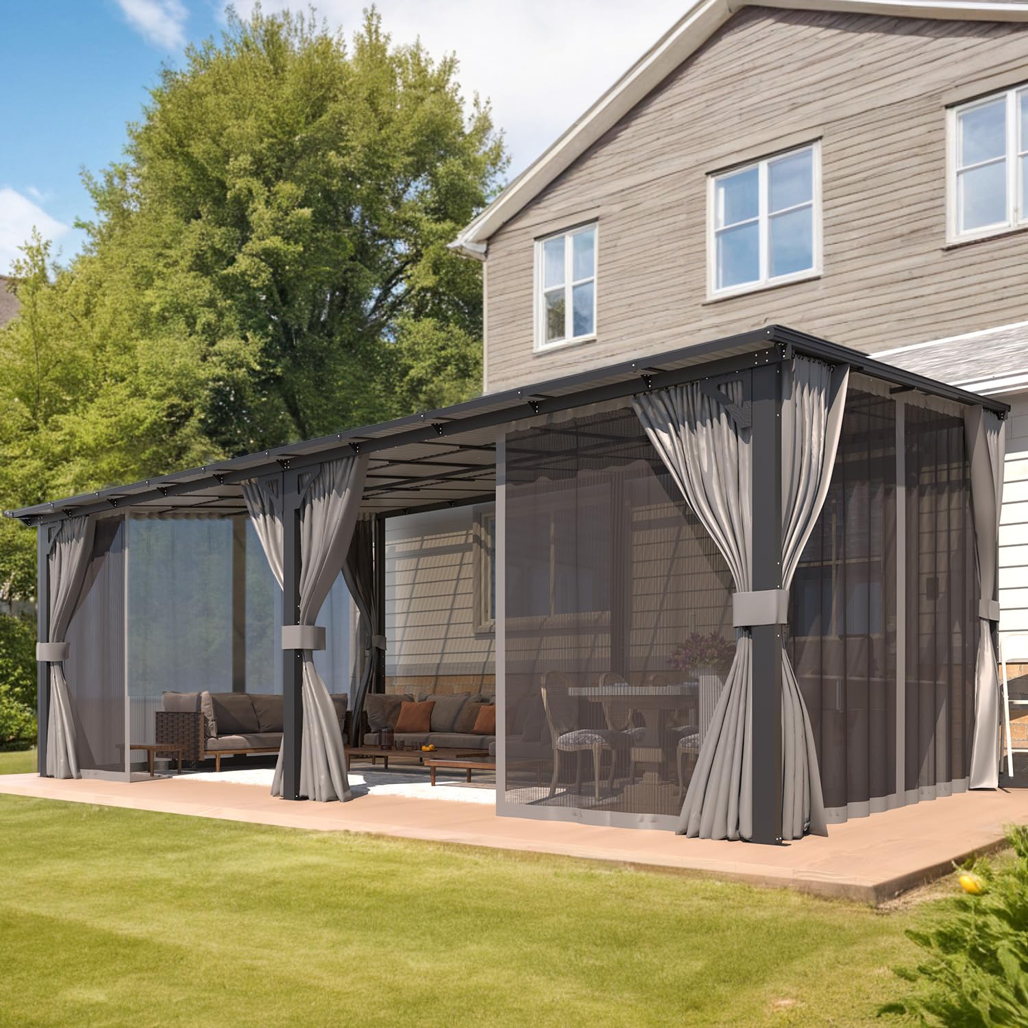NetSo Wall Gazebo 20'x12' Gray with Curtains and Mosquito Netting - Outdoor Shade Solution