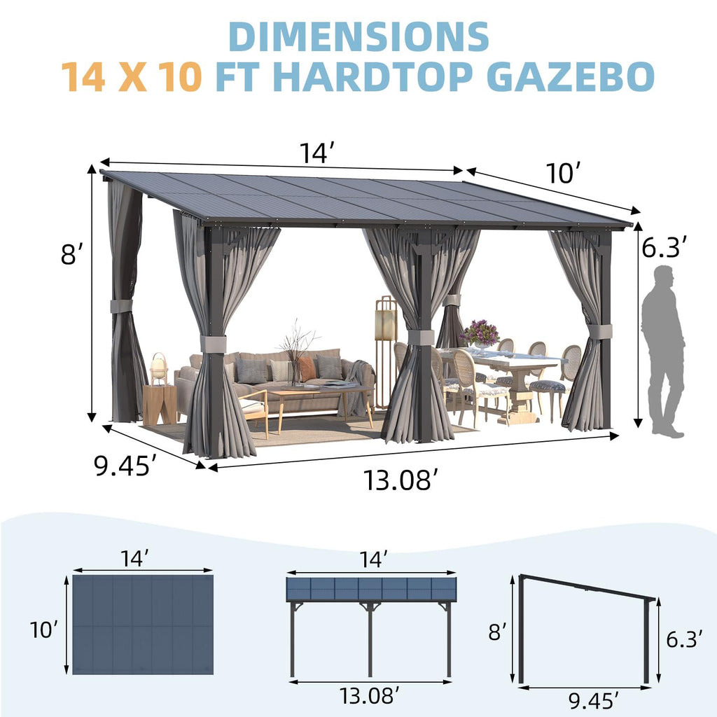 NetSo Wall Gazebo 14'x10' Gray with Curtains and Mosquito Netting - Outdoor Shade and Protection