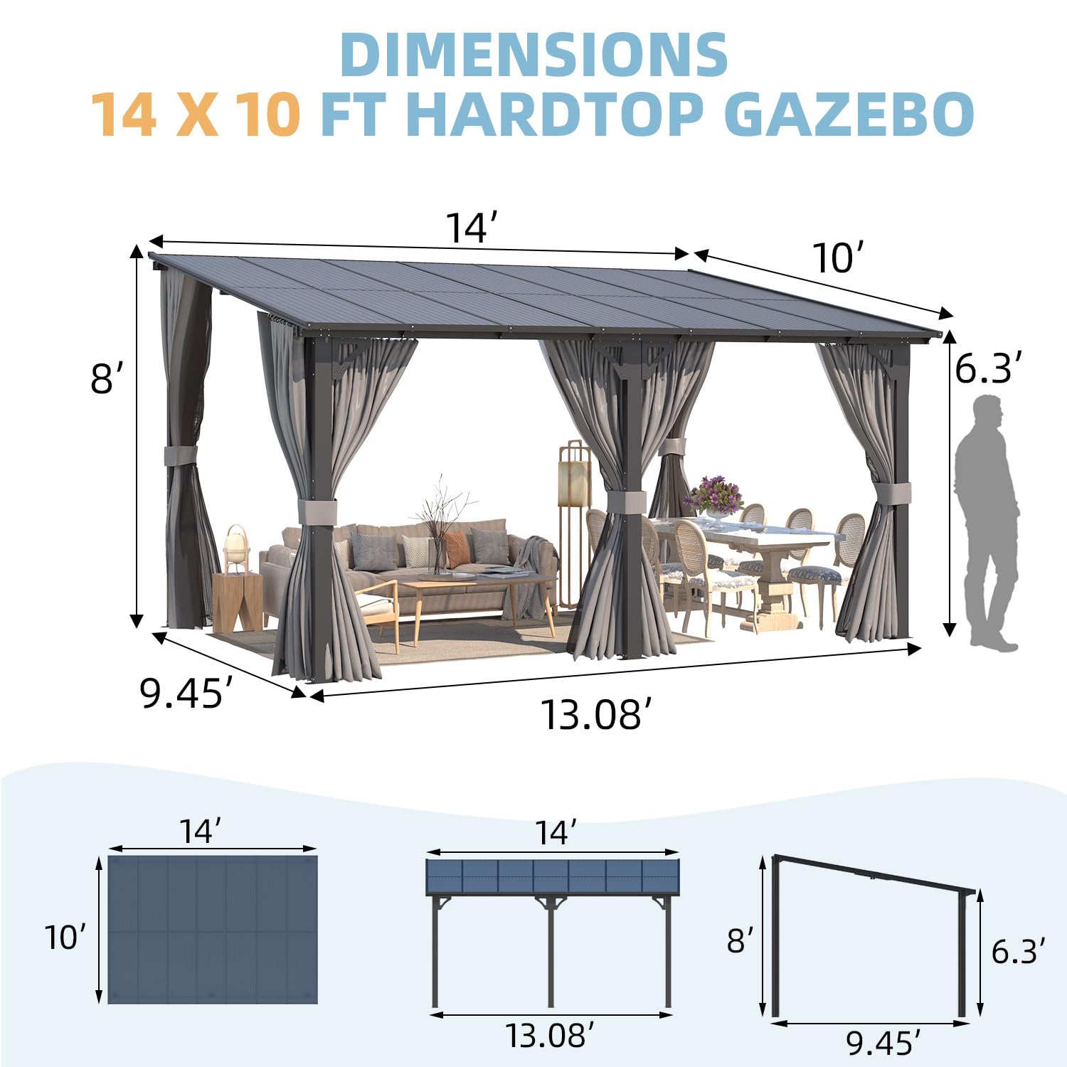 NetSo Wall Gazebo 14'x10' Gray with Curtains and Mosquito Netting - Outdoor Shade and Protection