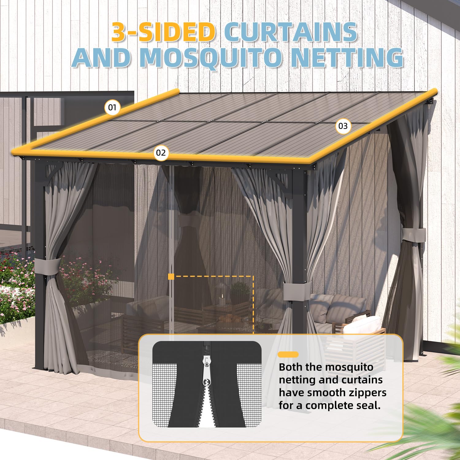 NetSo Wall Gazebo 10'x8' Gray with Curtains and Mosquito Netting - Outdoor Comfort