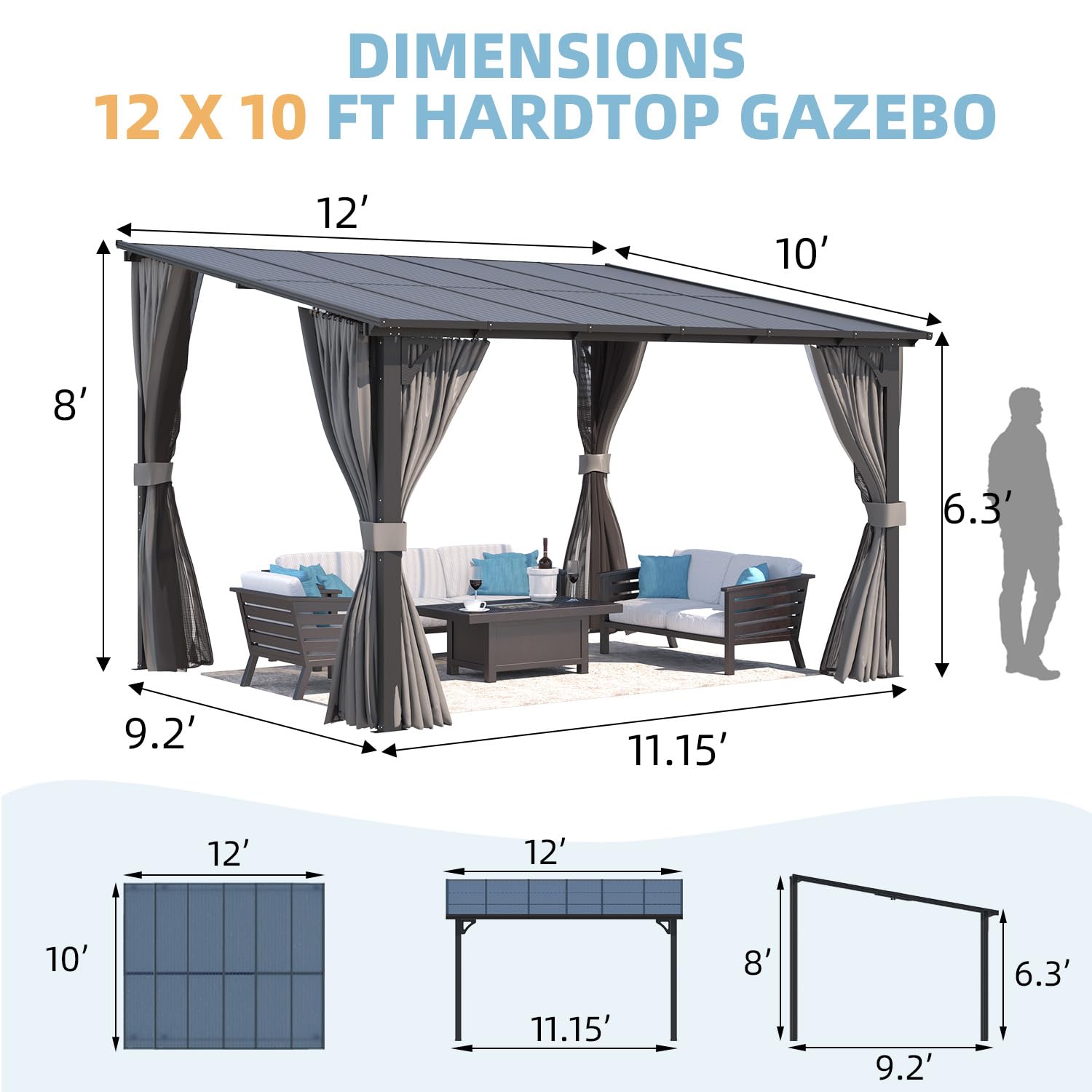 NetSo Wall Gazebo 12'x10' Gray with Curtains and Mosquito Netting - Outdoor Protection