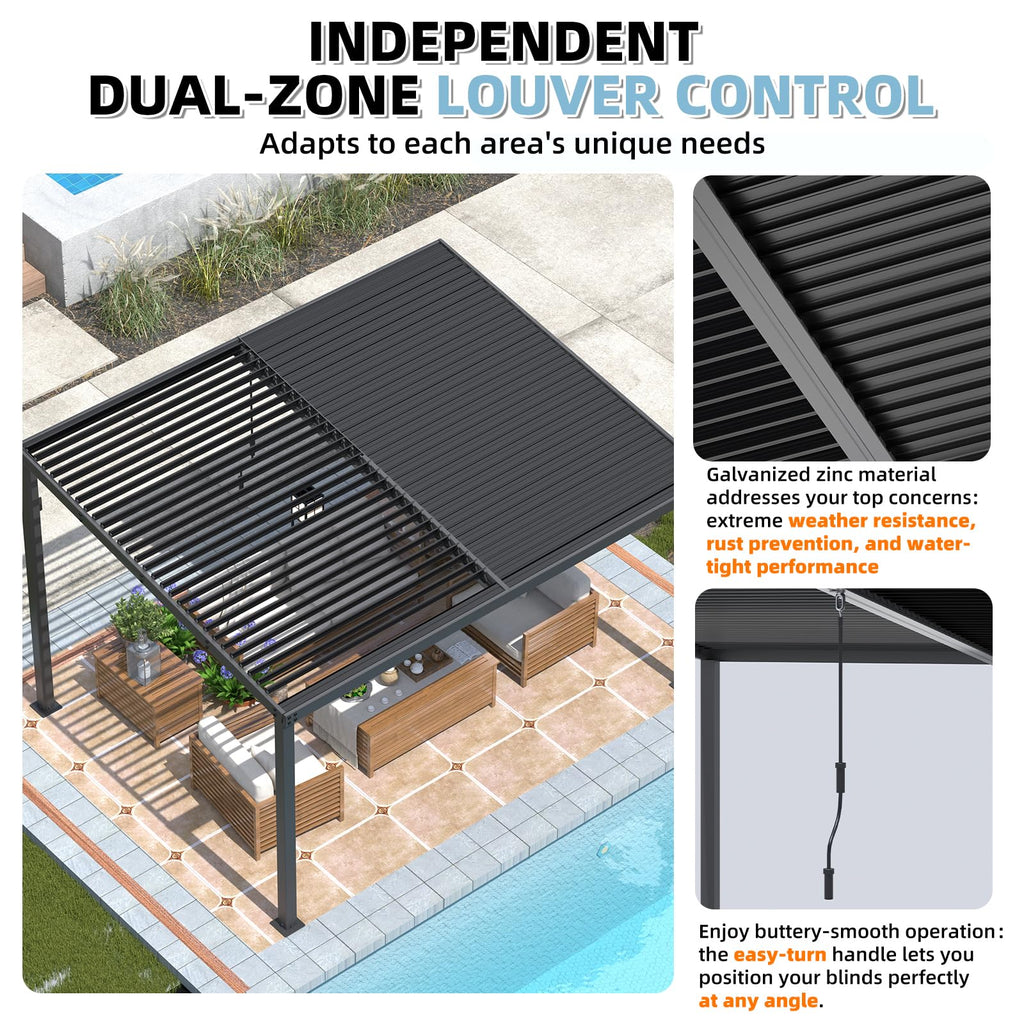 NetSo Louvered Gazebo Pergola 13' x 10' Hardtop - Outdoor Wall-Mounted Shade Solution