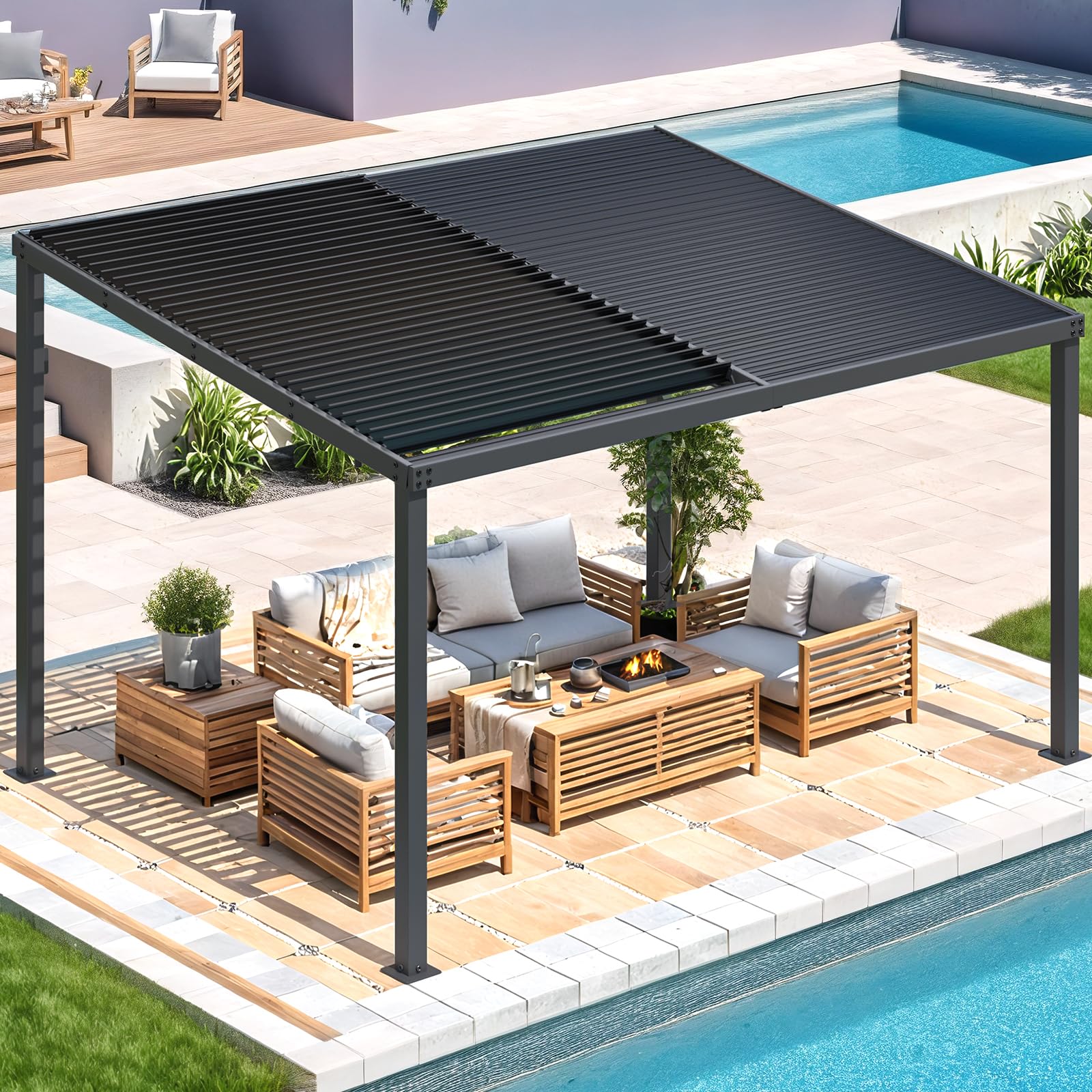 NetSo Louvered Gazebo Pergola 13' x 10' Hardtop - Outdoor Wall-Mounted Shade Solution