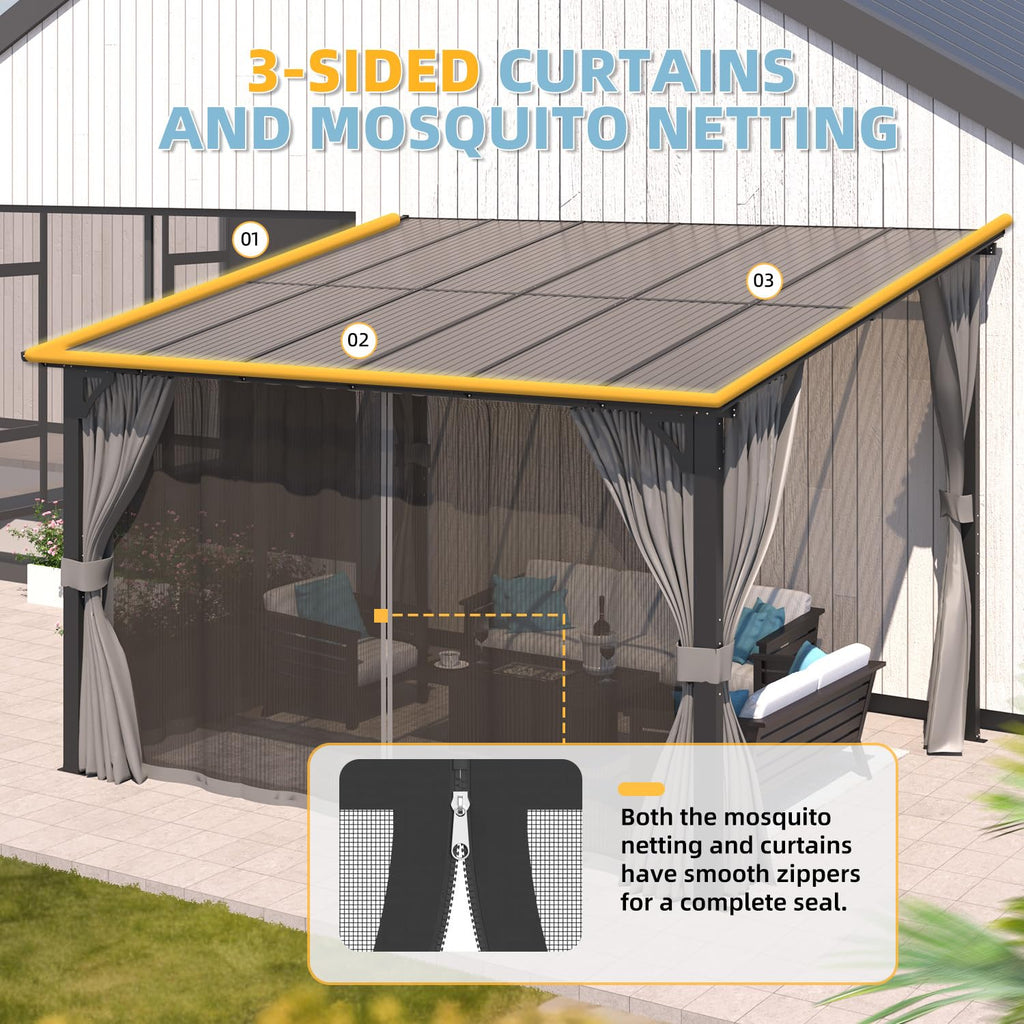 NetSo Wall Gazebo 12'x10' Gray with Curtains and Mosquito Netting - Outdoor Protection