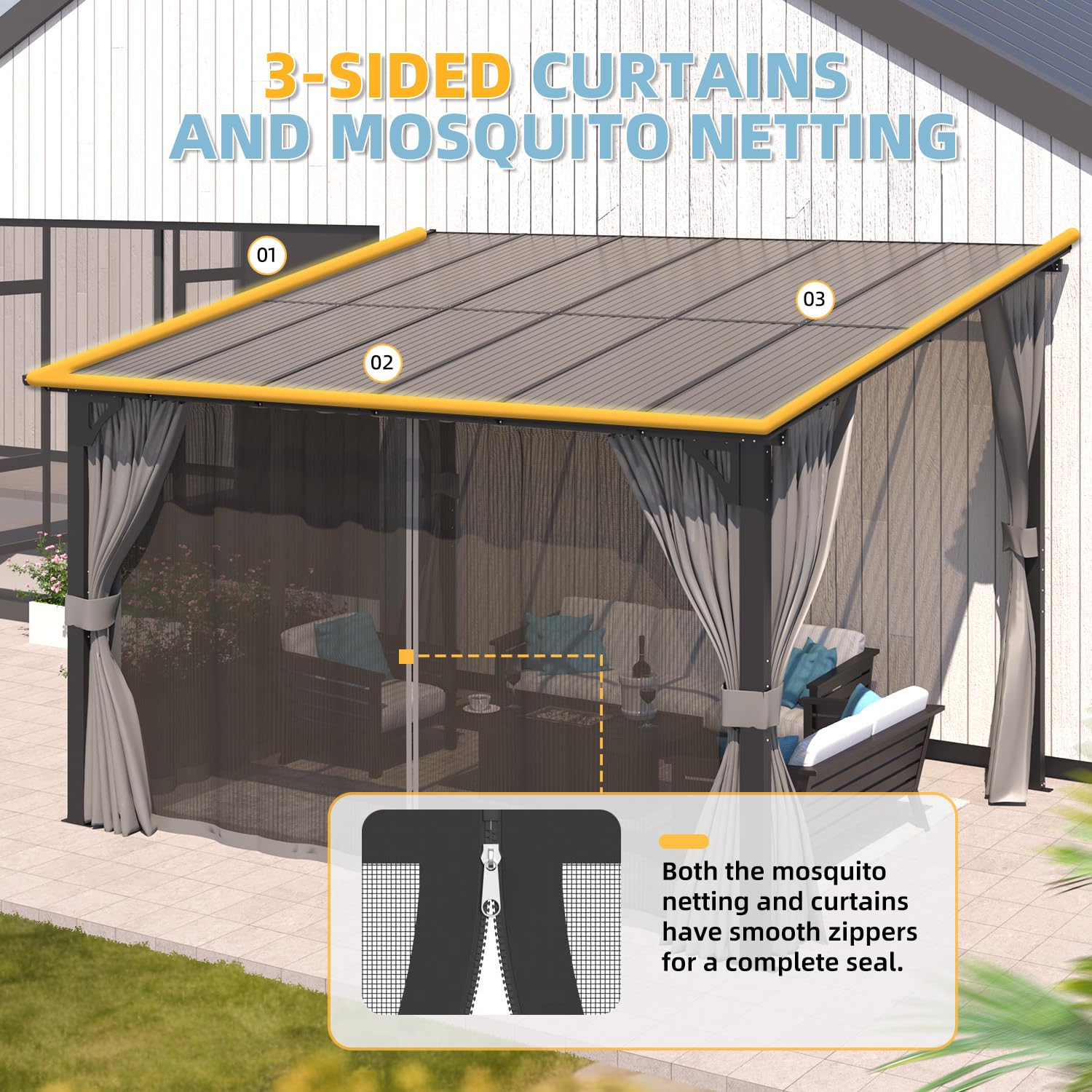NetSo Wall Gazebo 12'x10' Gray with Curtains and Mosquito Netting - Outdoor Protection