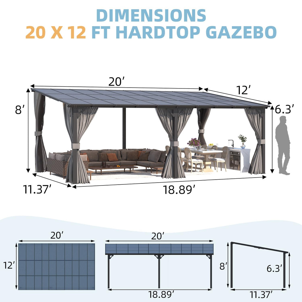 NetSo Wall Gazebo 20'x12' Gray with Curtains and Mosquito Netting - Outdoor Shade Solution