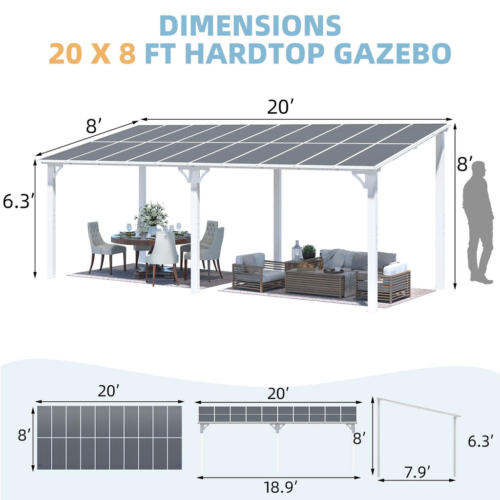 NetSo Wall Mounted Gazebo Pergola 20'x8' White - Enhance Your Outdoor Space