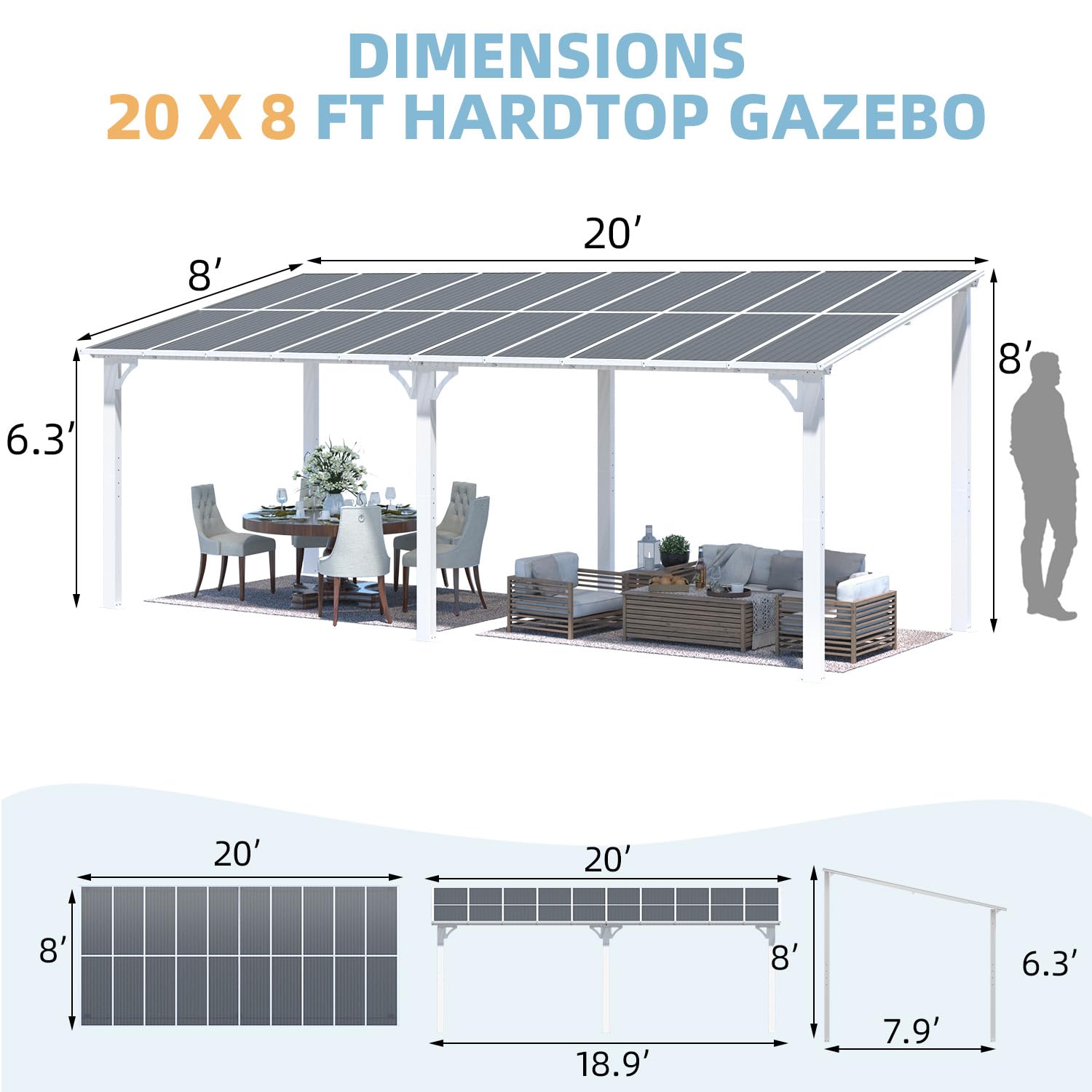 NetSo Wall Mounted Gazebo Pergola 20'x8' White - Enhance Your Outdoor Space