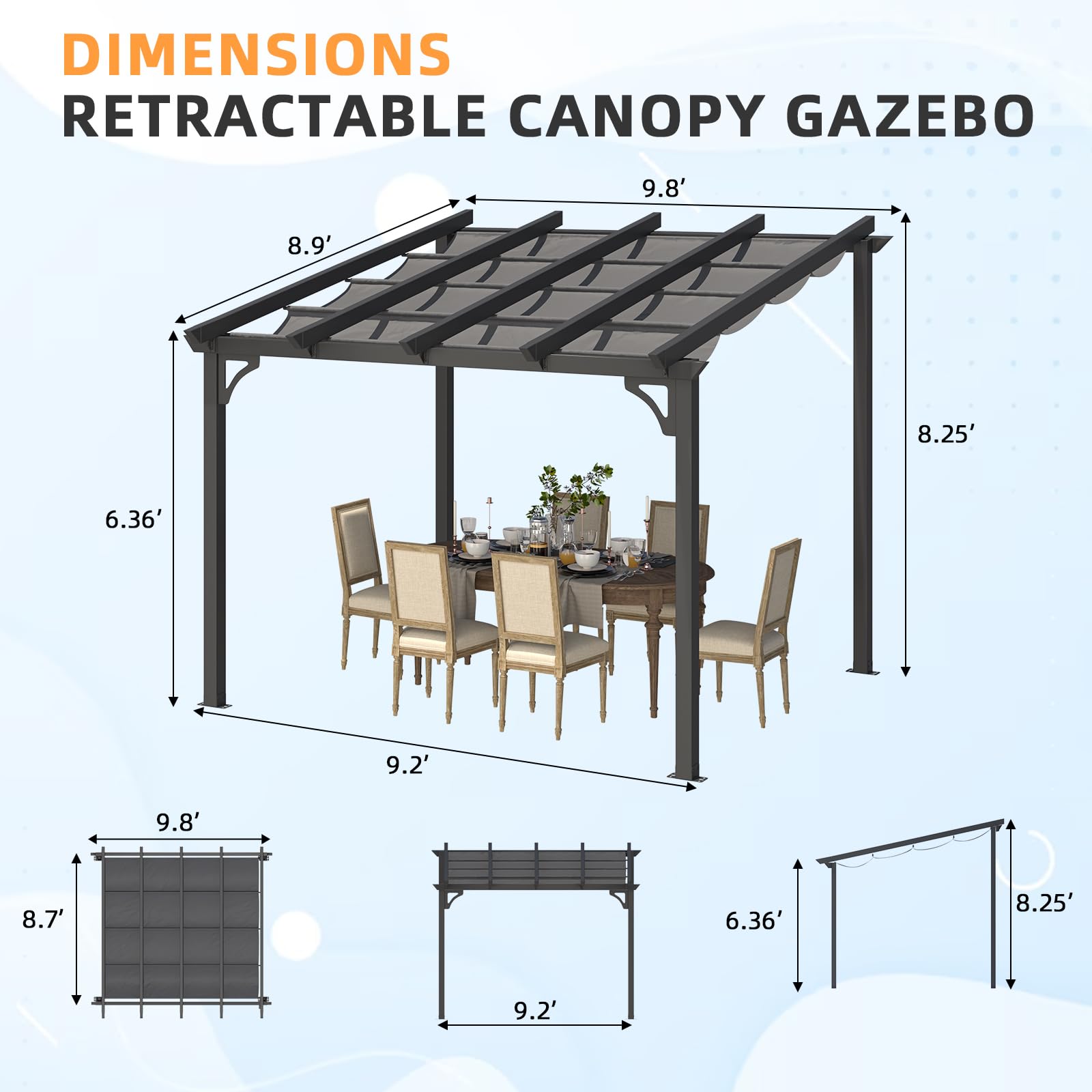 NetSo Gazebo 10' x 8' Retractable Pergola with Adjustable Sun Shade Canopy Roof - Perfect for Patio Relaxation