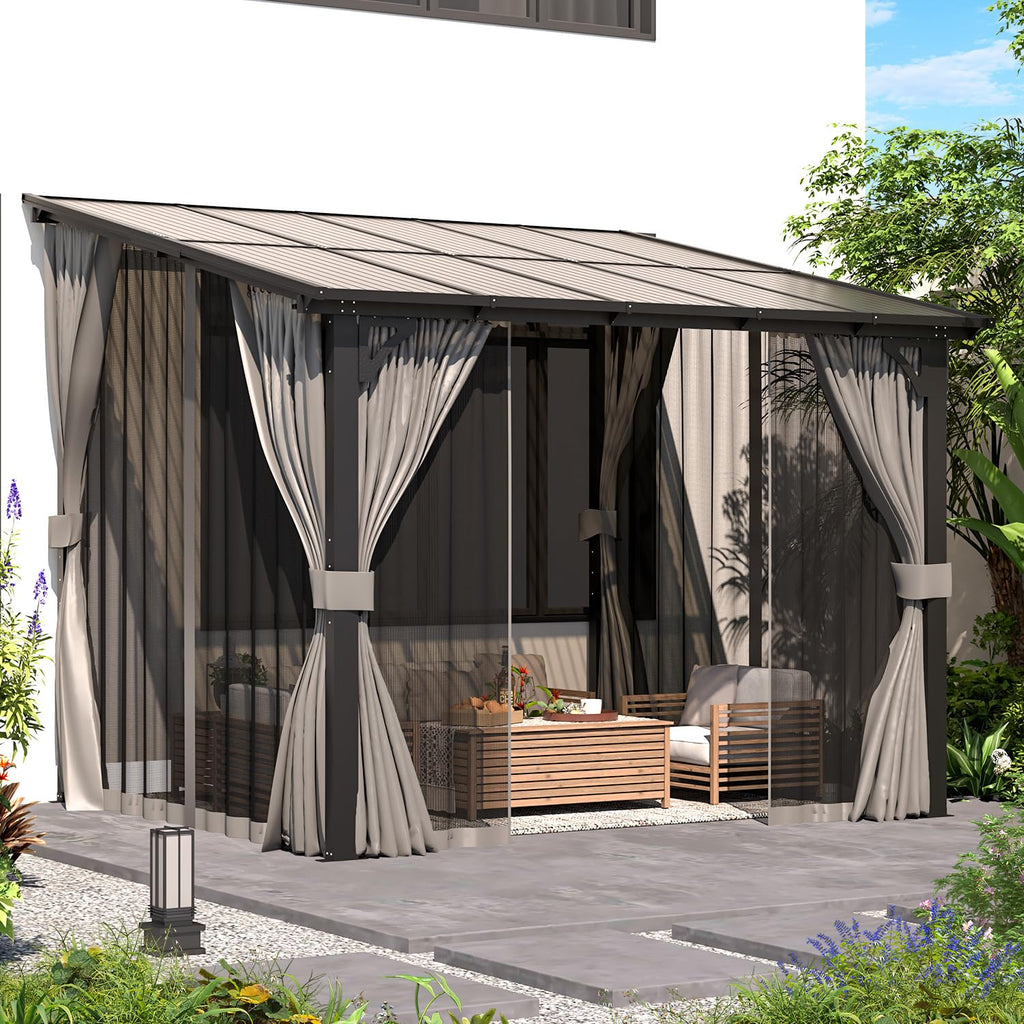 NetSo Wall Gazebo 10'x8' Gray with Curtains and Mosquito Netting - Outdoor Comfort