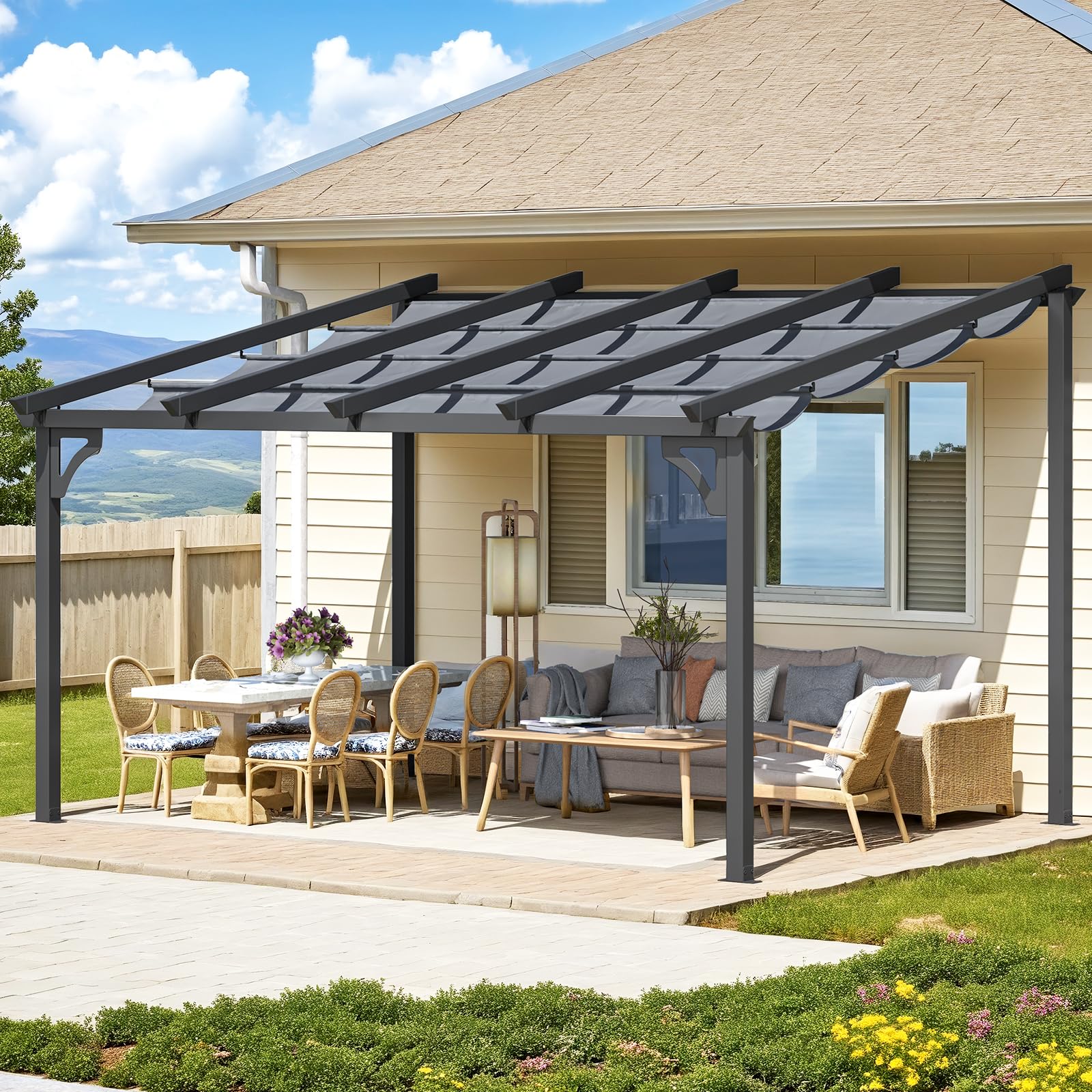 NetSo Gazebo 14' x 10' Retractable Pergola with Adjustable Sun Shade Canopy Roof - Ideal for Patio Enjoyment