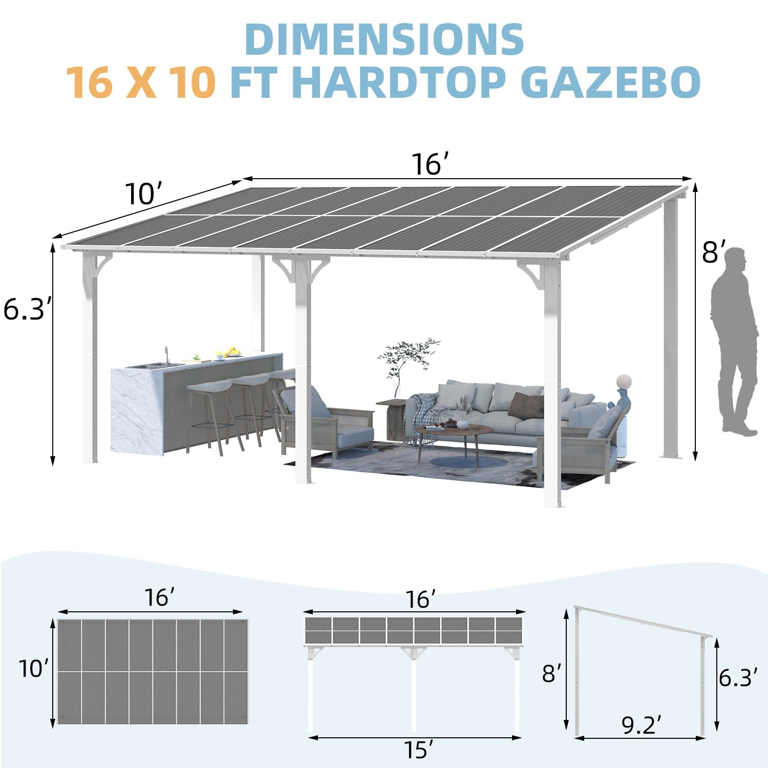 NetSo Wall Mounted Gazebo Pergola 16'x10' White - Durable Outdoor Shade Solution