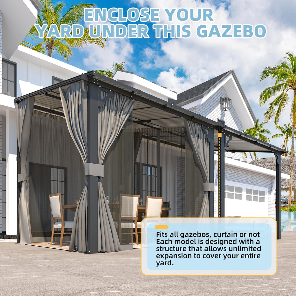 NetSo Wall Gazebo 10'x10' Gray with Curtains and Mosquito Netting - Perfect Outdoor Shelter