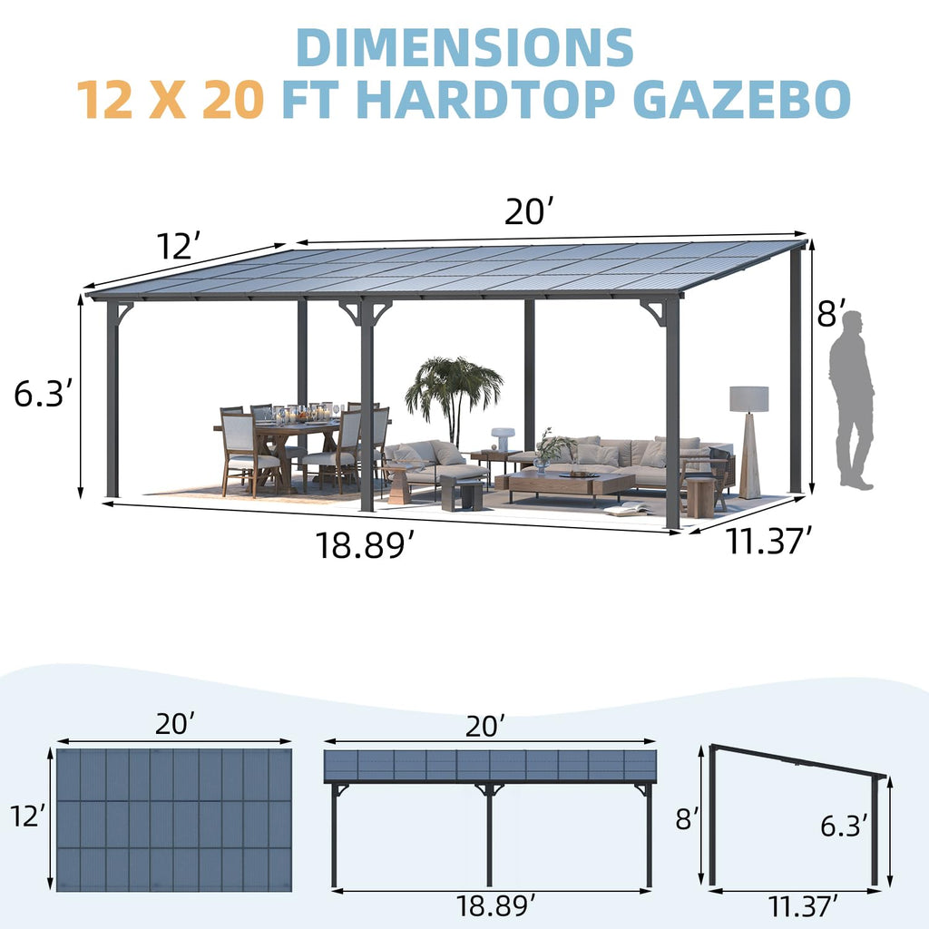 NetSo Wall Mounted Gazebo Pergola 20x12 Dark - Durable Outdoor Shade Solution