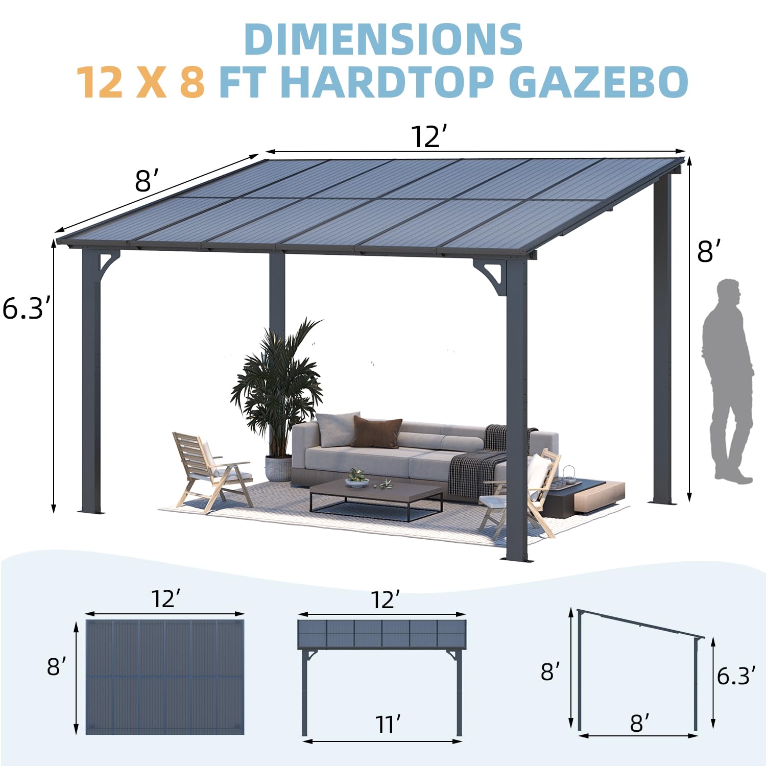 NetSo Wall Mounted Gazebo Pergola 12'x8' Dark - Durable Outdoor Shade Solution