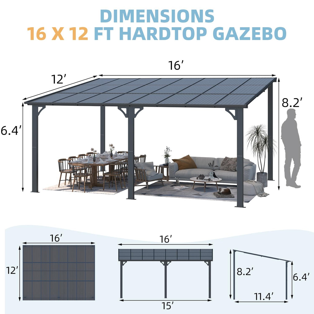 NetSo Wall Mounted Gazebo Pergola 16'x12' Dark - Stylish Outdoor Shade Solution