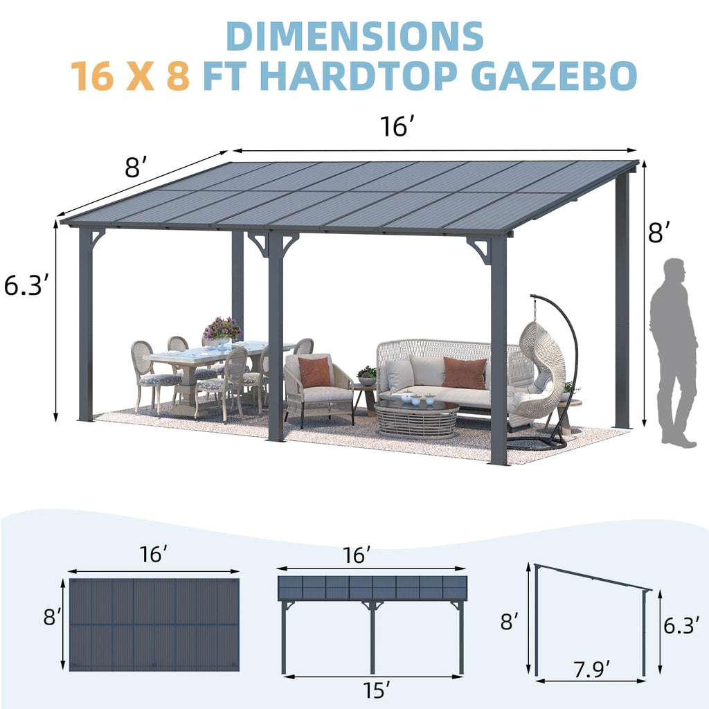 NetSo Wall Mounted Gazebo Pergola 16'x8' Dark - Durable Outdoor Shelter Solution