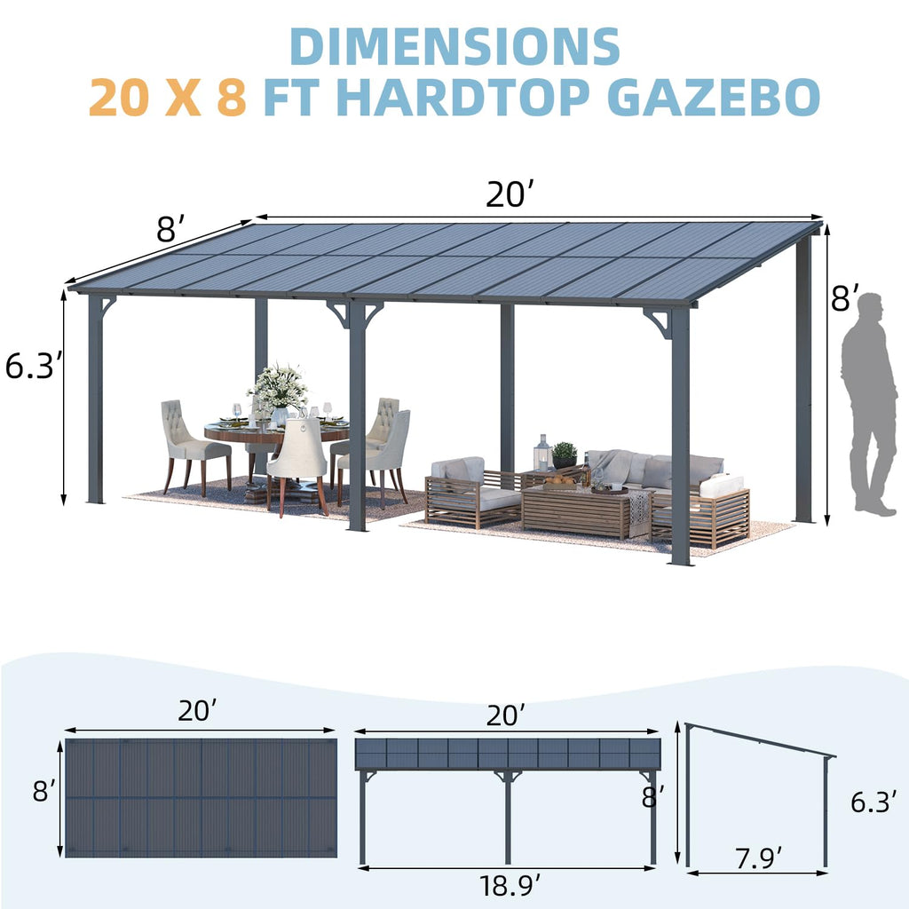 NetSo Wall Mounted Gazebo Pergola 20'x8' Dark - Durable Shade for Outdoor Spaces