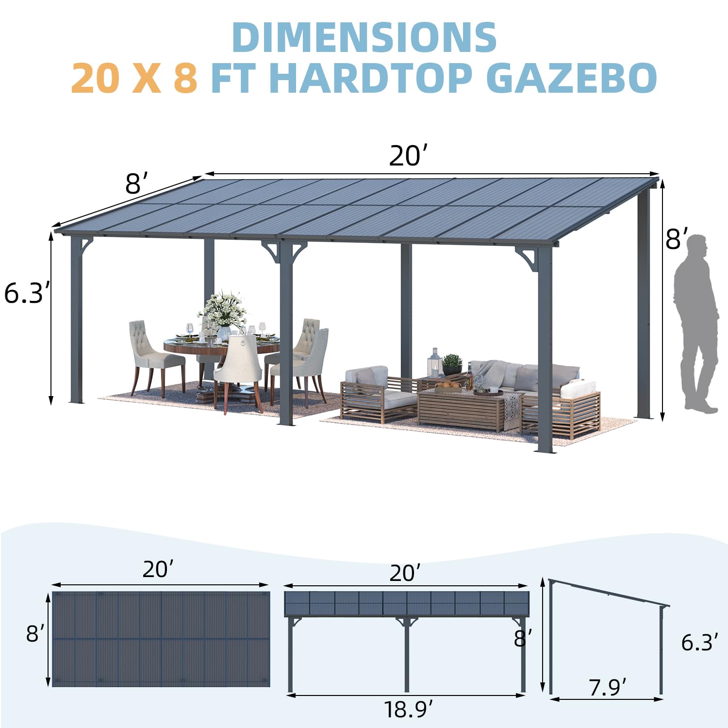NetSo Wall Mounted Gazebo Pergola 20'x8' Dark - Durable Shade for Outdoor Spaces