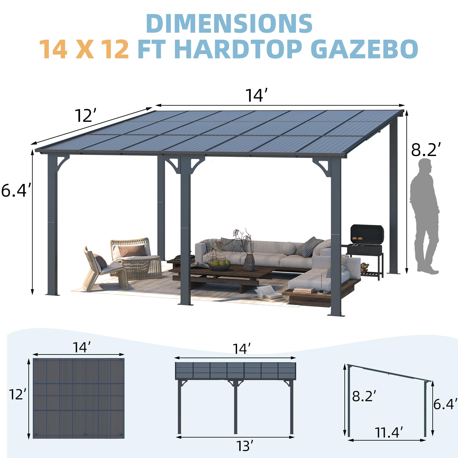 NetSo Wall Mounted Gazebo Pergola 14'x12' Dark Color - Durable Outdoor Shade Solution