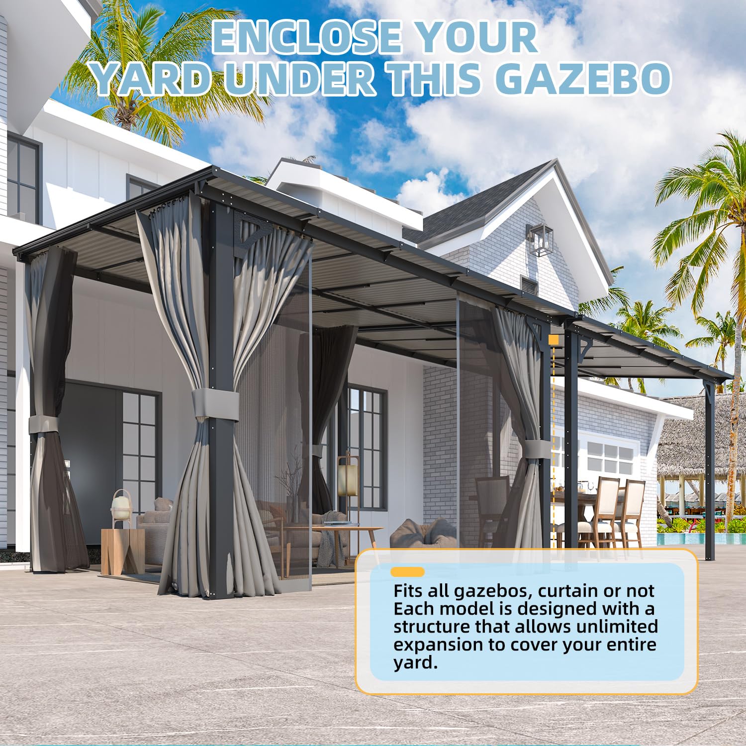 NetSo Wall Gazebo 12'x10' Gray with Curtains and Mosquito Netting - Outdoor Protection