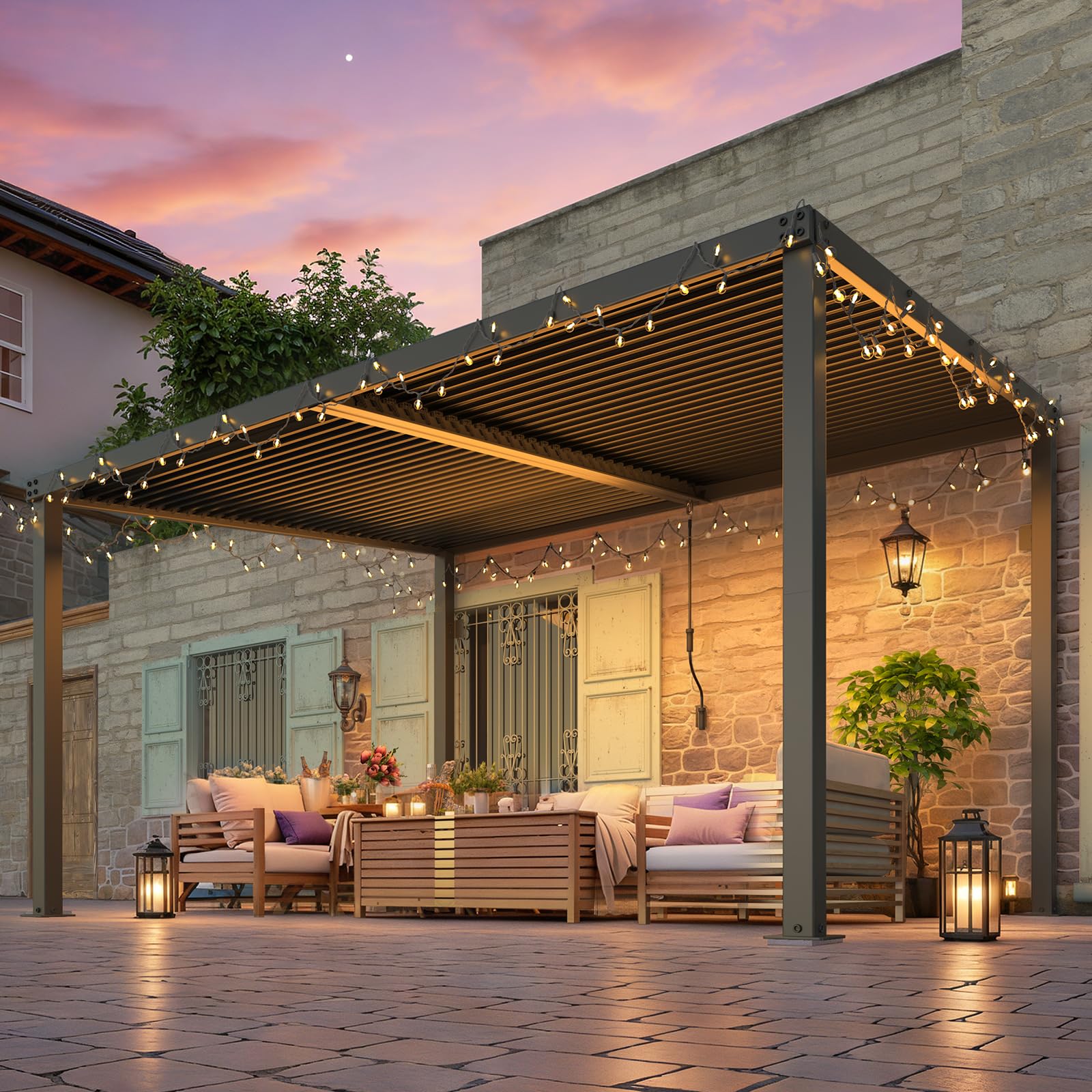 NetSo Louvered Gazebo Pergola 13' x 10' Hardtop - Outdoor Wall-Mounted Shade Solution