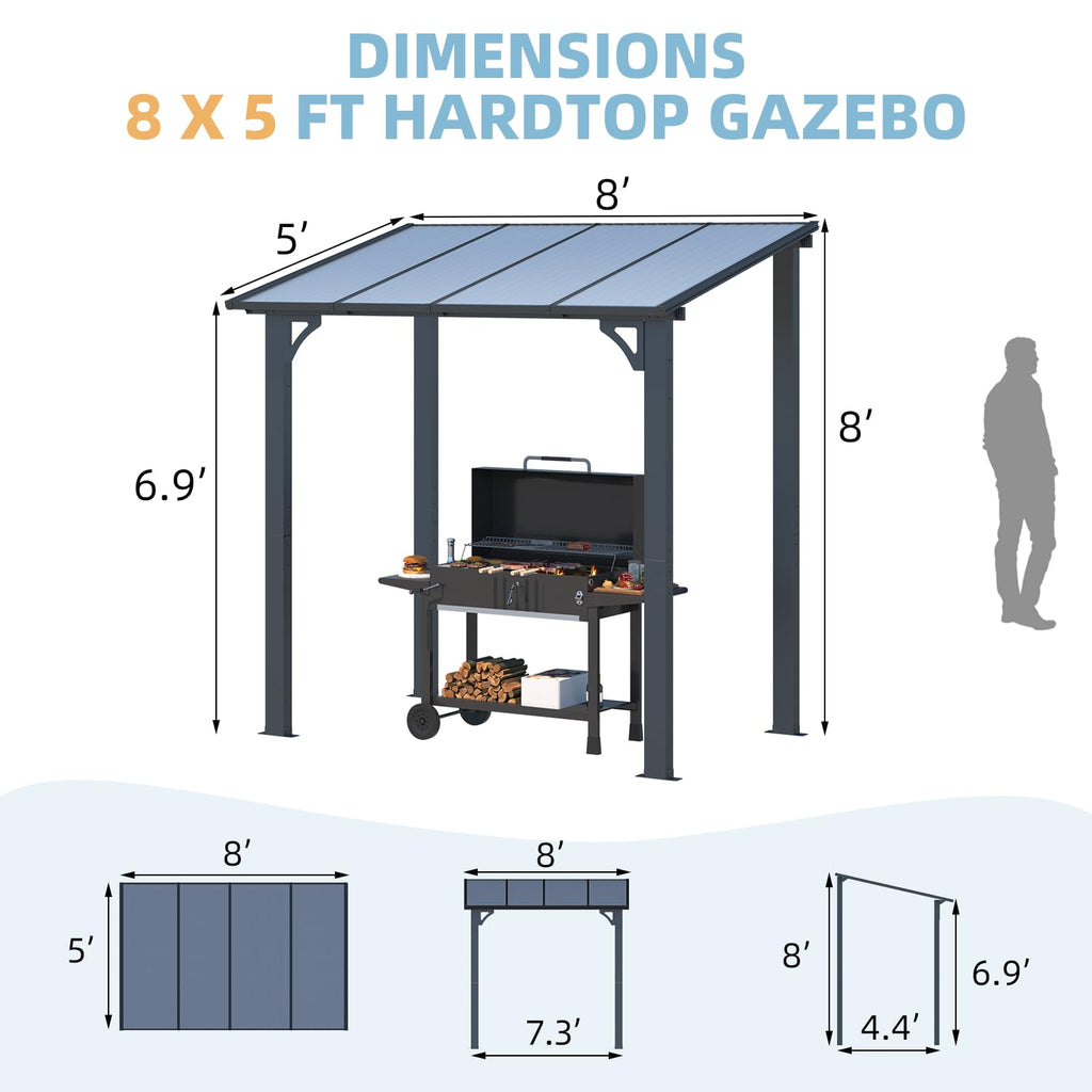 NetSo Wall Mounted Gazebo Pergola 8' x 5' Dark - Durable Outdoor Shade Solution