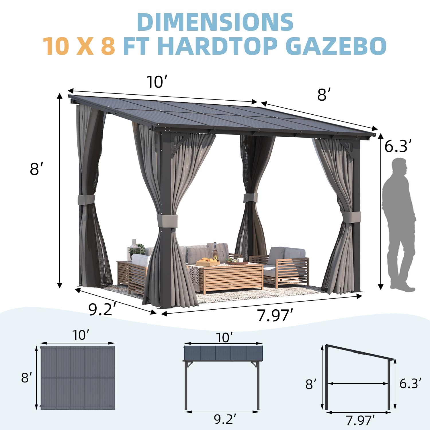 NetSo Wall Gazebo 10'x8' Gray with Curtains and Mosquito Netting - Outdoor Comfort